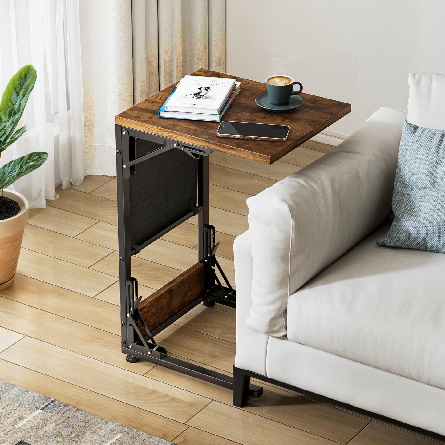 Mutool C-Shaped Sofa Table, Foldable Side Table Bedside Table with Storage Bag, Metal Frame Coffee Table for Living Room Bedroom Office (Rustic Brown)