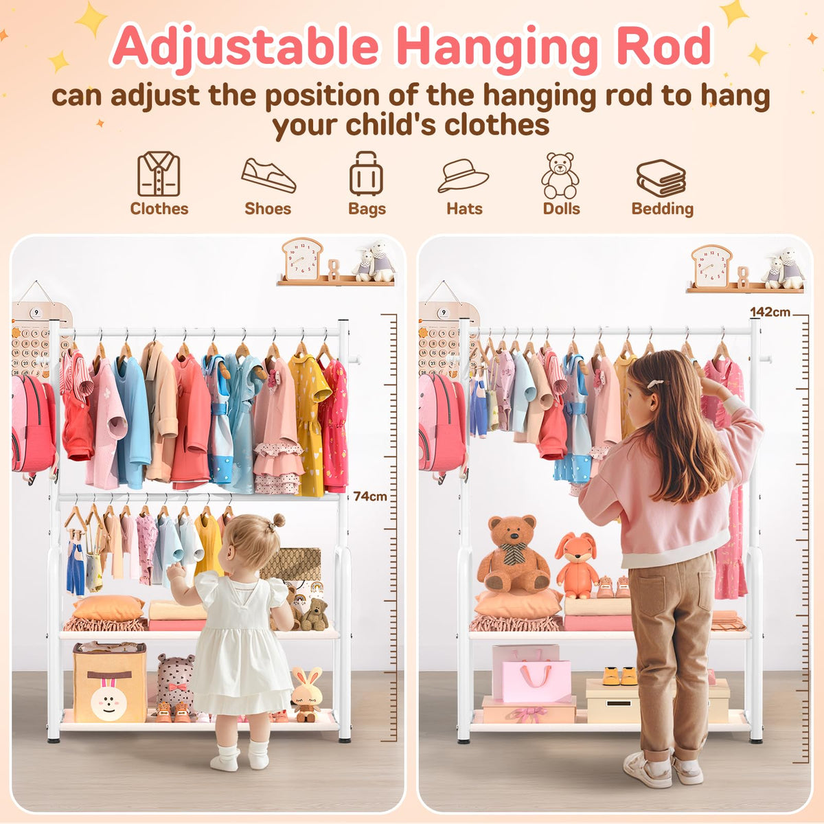 Kids Clothing Rail, Adjustable Toddler Dress Up Storage Rack, White