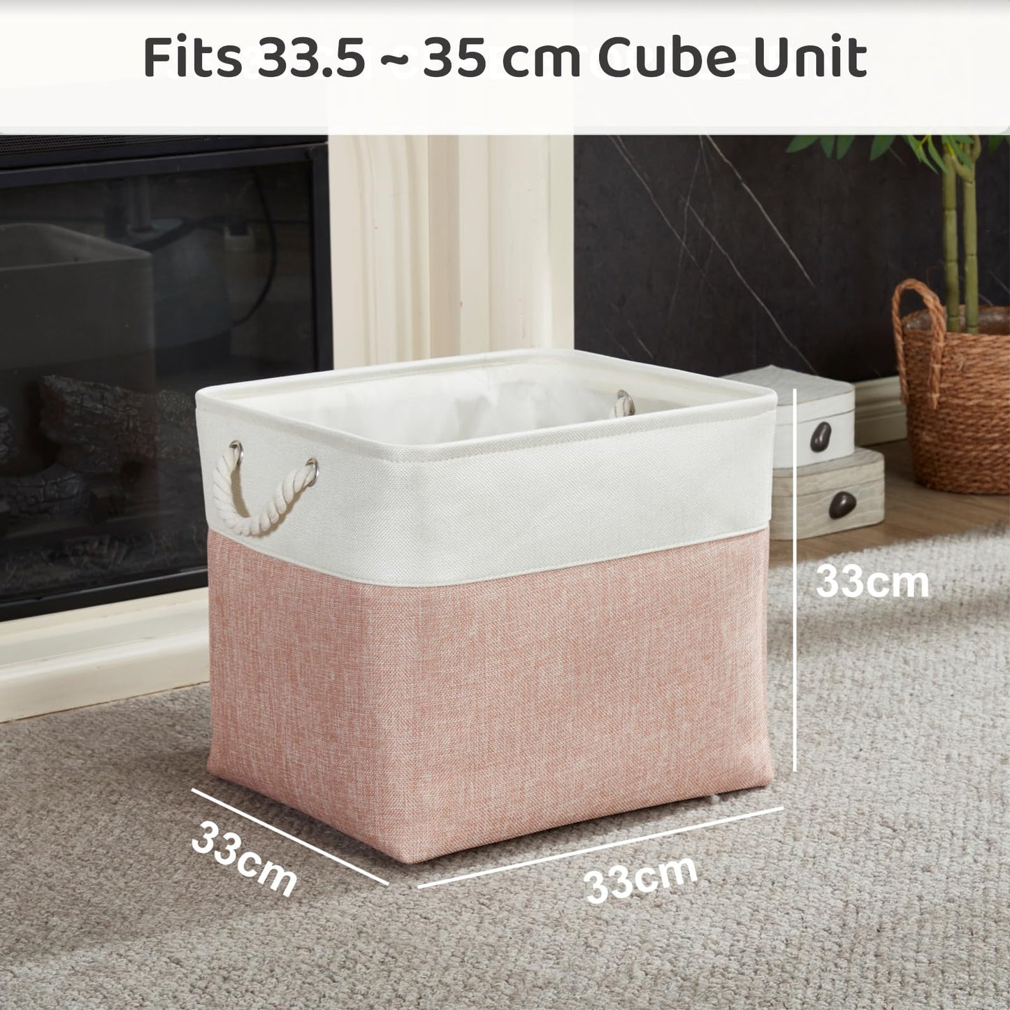 Mangata Canvas Storage Boxes, 33cm Cube Storage Bins Set of 6, Fabric Baskets with Cotton Rope Handle for Organizing Clothes Nursery Home (Pink/White)