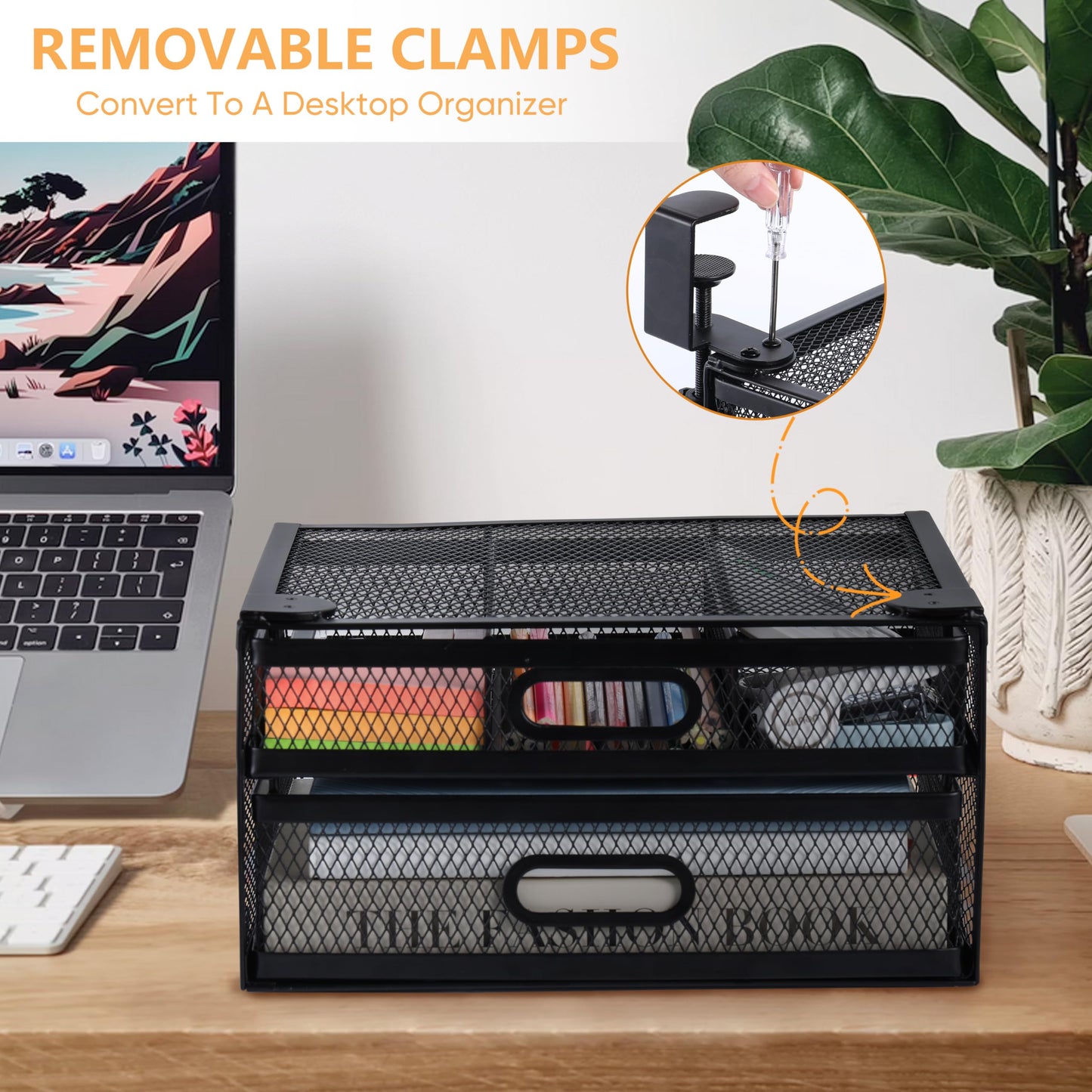 ROLIZOE Clamp On Under Desk Drawers 2 Large Capacity Mesh Metal Drawers Slide Out Under Desk Storage No Drill Under Desk Drawer Organiser Anti-Slip