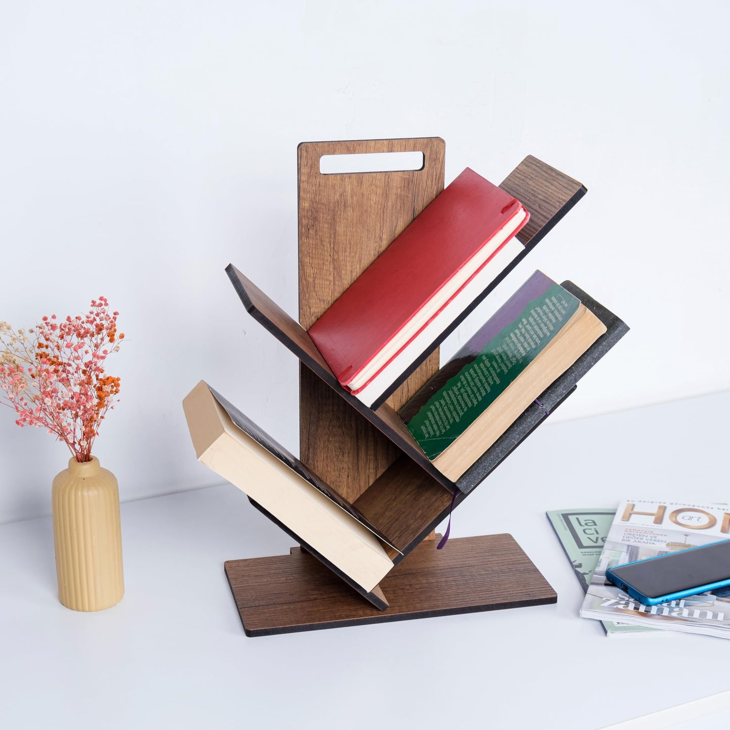 vigowood Tree Bookshelf with 3 Shelves, Geometric Design, Small Size, Wood Construction