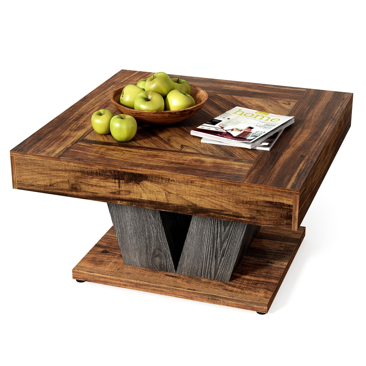 LITTLE TREE Square Coffee Table, Modern Rustic Coffee Table for Living Room, Wooden Table with Adjustable Feet, Brown