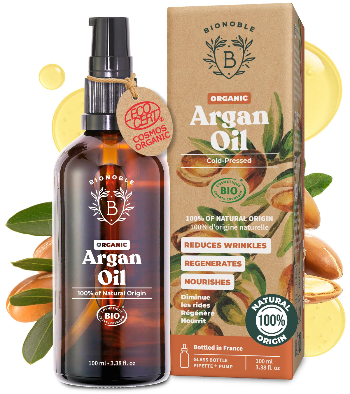 BIONOBLE Organic Argan Oil for Hair - Cold Pressed in Morocco - Nourishes, Repairs and Anti-Aging - 100% Pure Argan Oil for Skin, Face - Vegan, Hexane