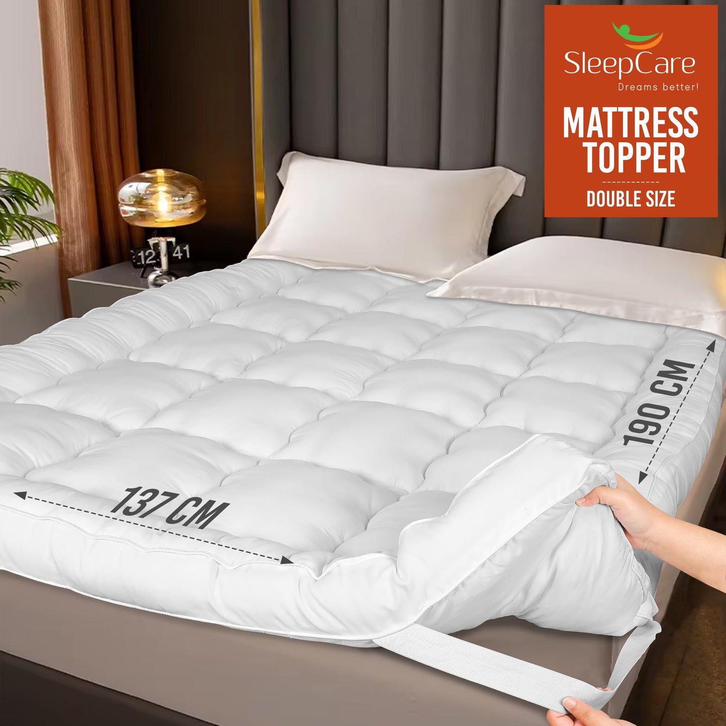 SleepCare Thick Mattress Topper Double Bed, Premium Quality Breathable Double Mattress Topper, Quilted and Fluffy Mattress Topper Double Size Bed with
