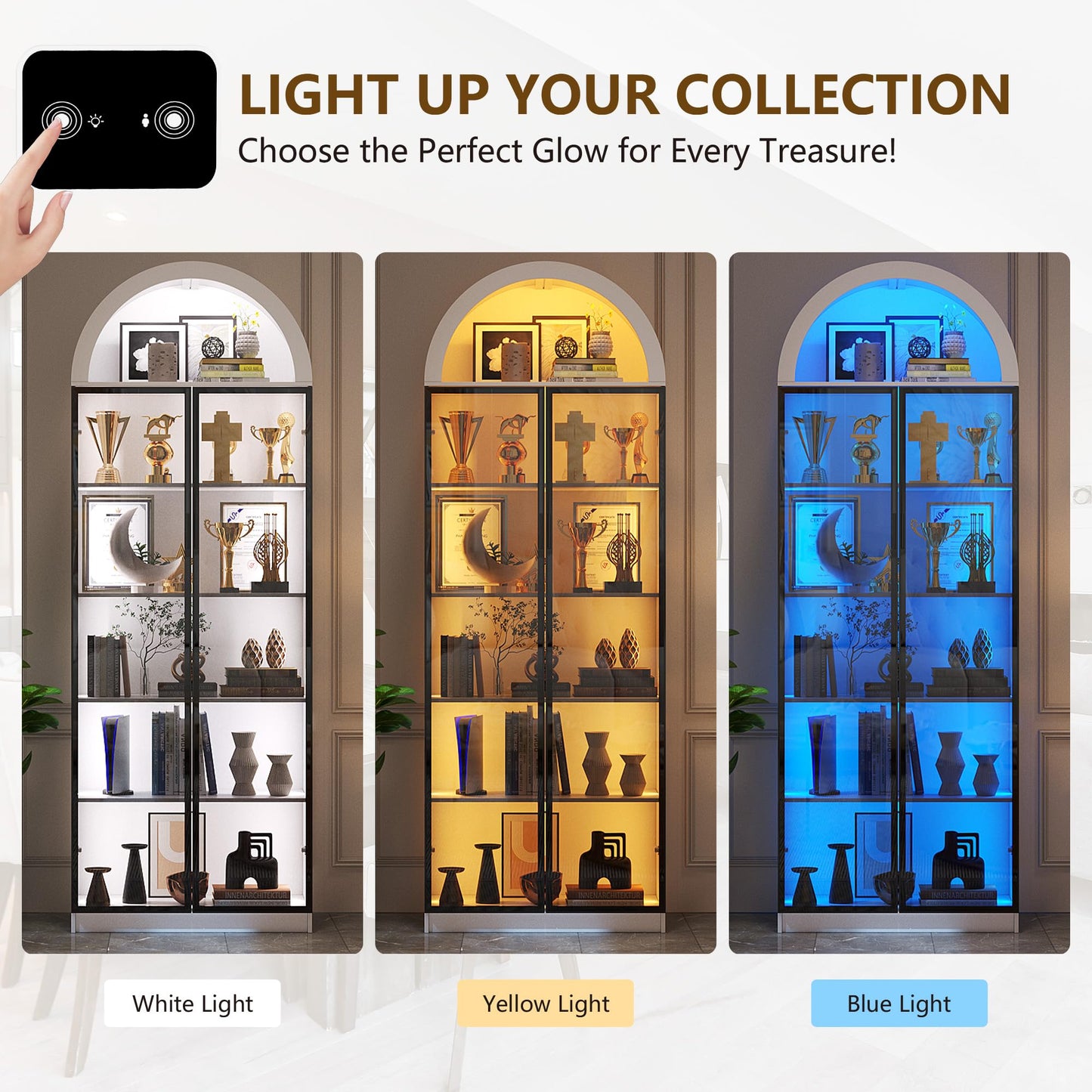 FREDEES Arch Display Cabinet with Doors and LED Lights, 195CM, White