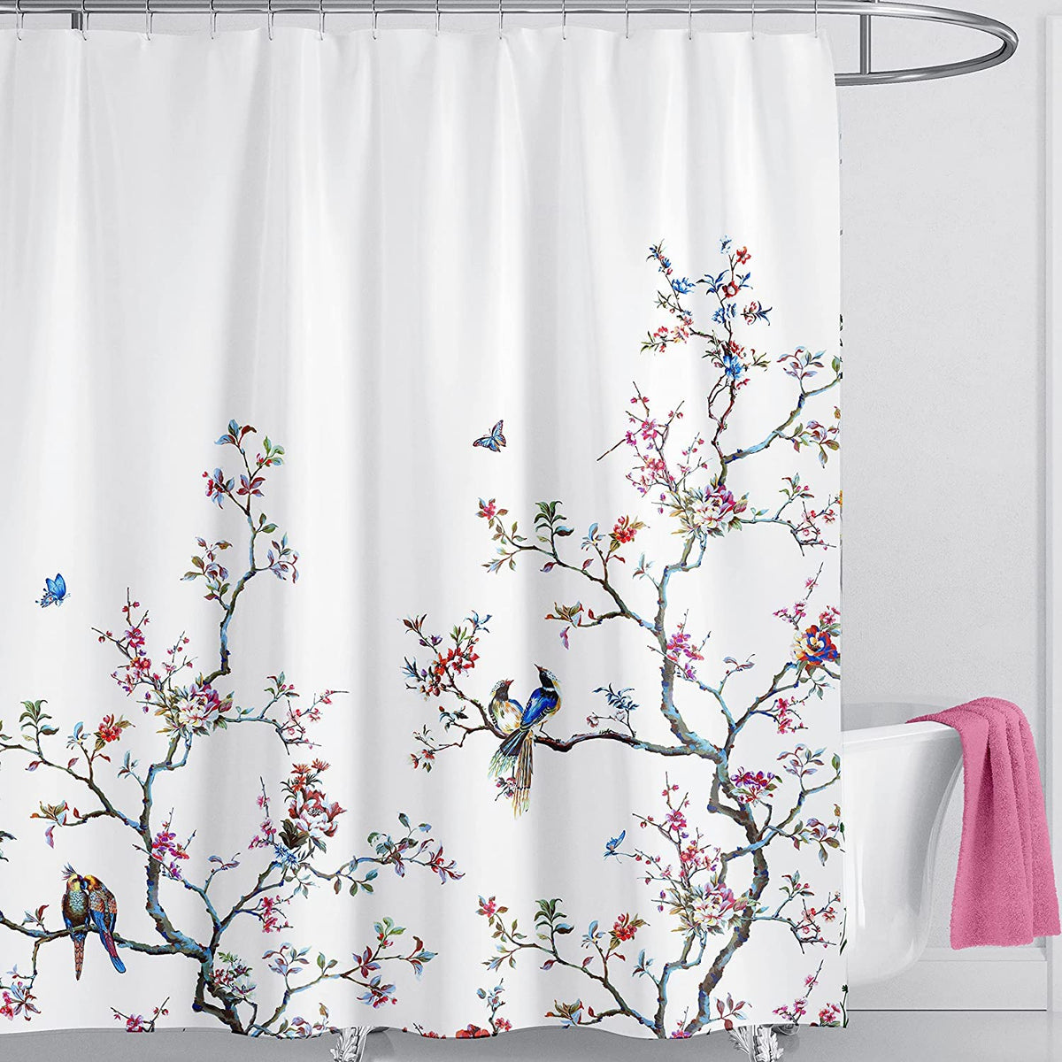 LIVETTY White Bird Extra Long Shower Curtain 180cm ? 200cm Drop Floral Butterfly Fabric Bathroom Mould Proof Spring Washable Shower Curtain With 12