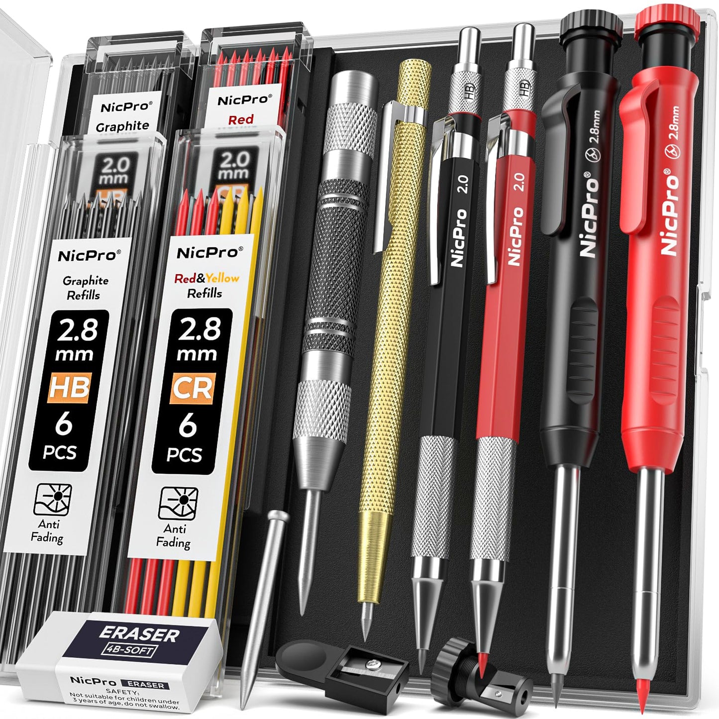 Nicpro 11 Pack Carpenter Pencil Set with Sharpener, Mechanical Carpenter Pencils with 40 Refill, Automatic Center Punch and Carbide Scribe Tool, Heavy