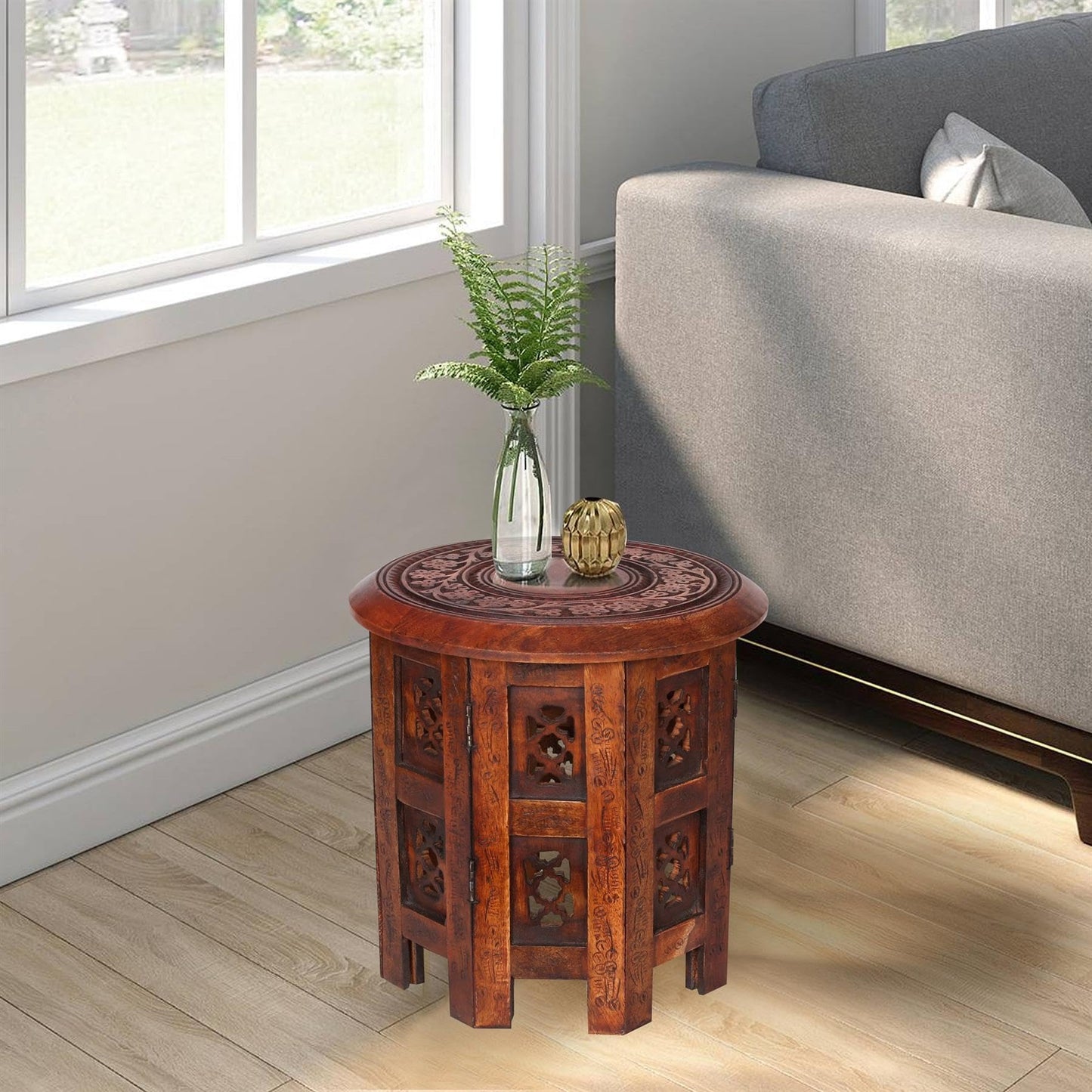topfurnishing Beautiful Round Hand Carved Indian Shesham Wooden Coffee Table Side [Mahogany,Small 12"x12"x12" 30.5cm]