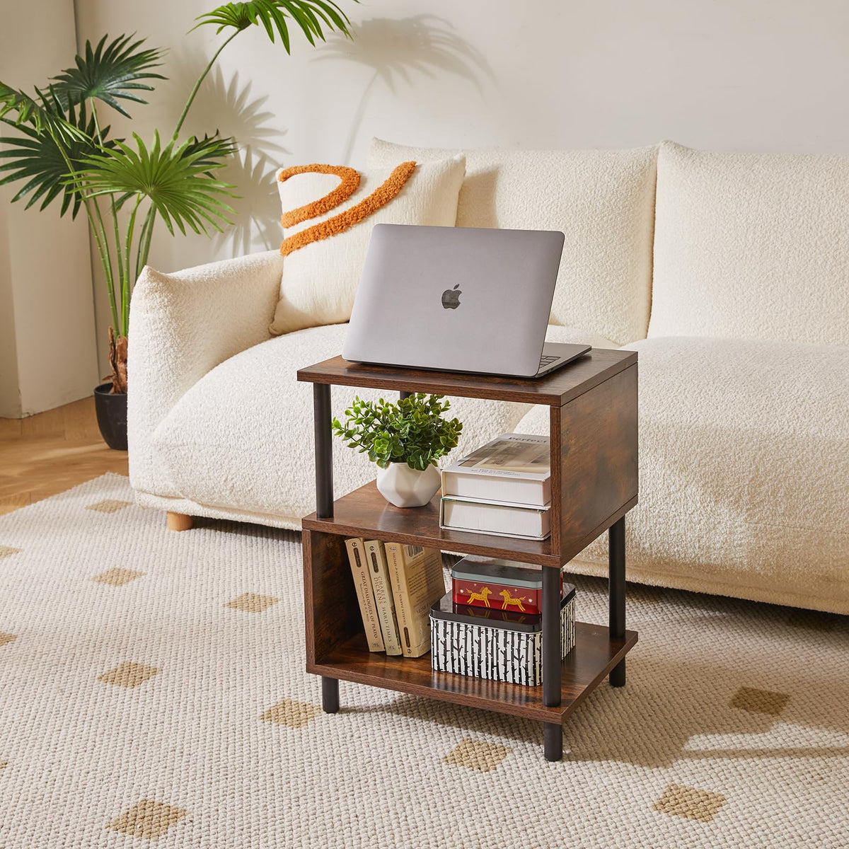 Aibiju 3 Tier S-shaped Design Side Table, Sofa Side Table, Narrow End Table with Storage Shelf for Living Room, Bedroom/Narrow Space Retro Color+Black