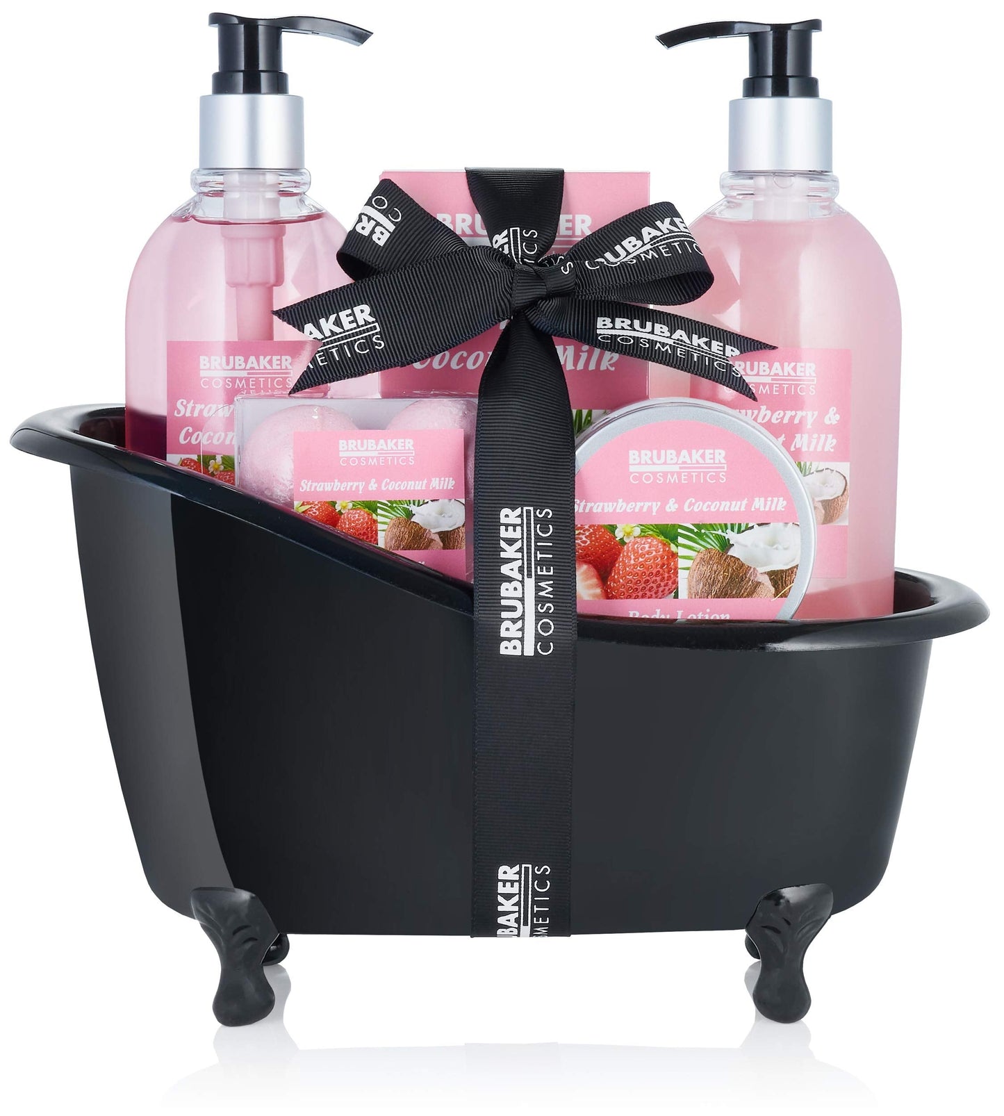 BRUBAKER Bathing Gift Set Strawberry Coconut with Deco Bathtub Black 9 Pieces
