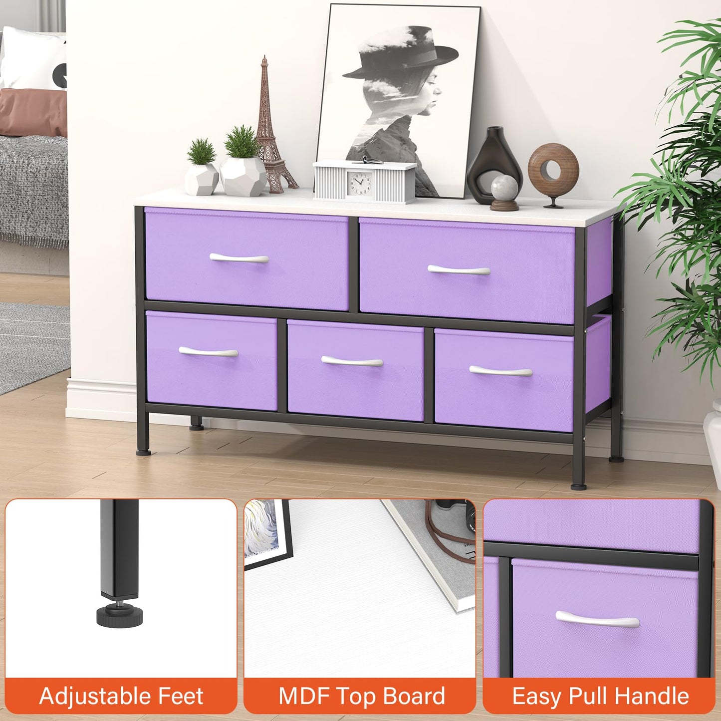 Feonase Bedroom Chest of Drawers, 5 Fabric Drawers Dresser with Metal Frame and MDF Top Board, Modern Storage Unit for Bedroom Living room, Entryway