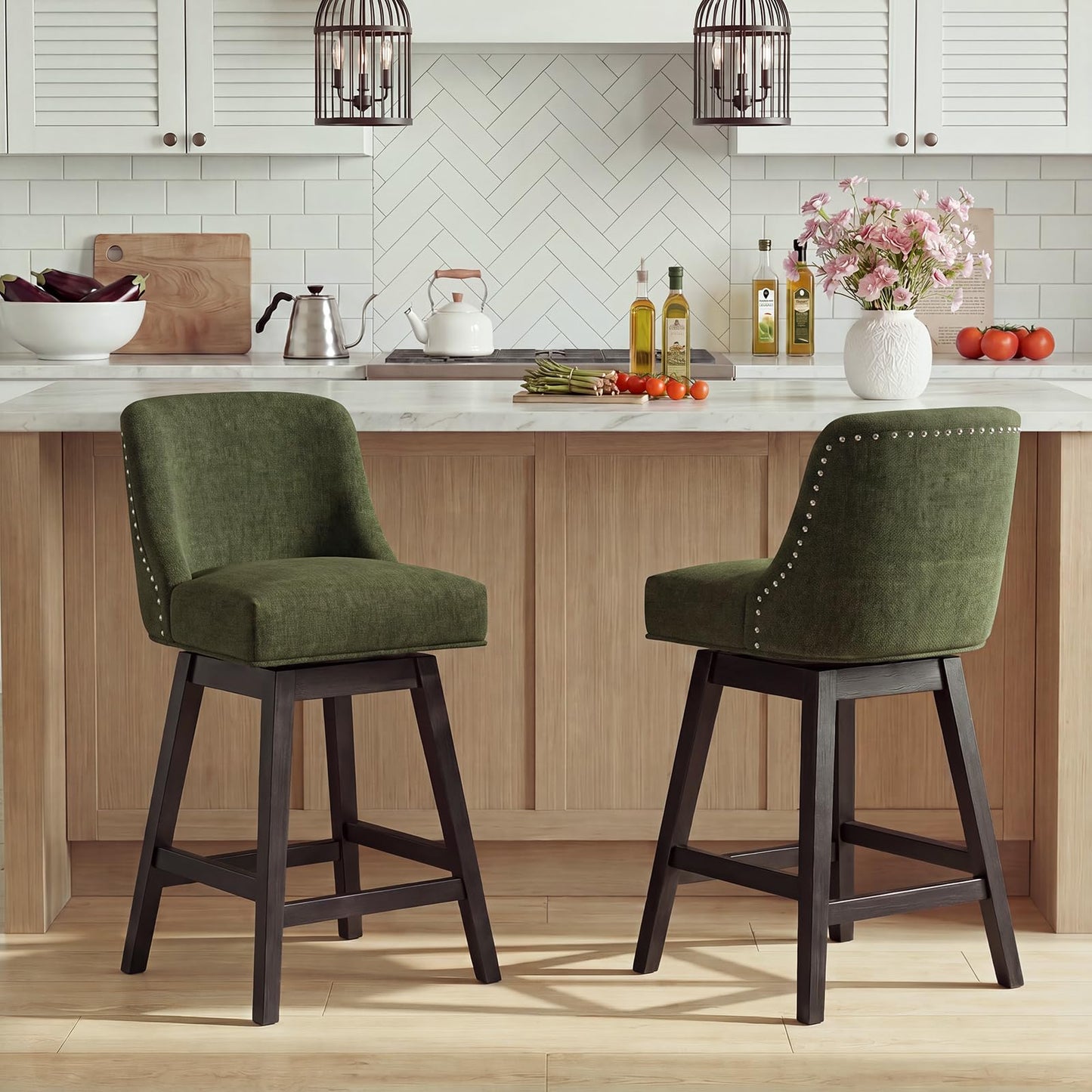 Bar Stools Set of 2, 360° Swivel Upholstered Counter Stools with Back, Wooden Frame Kitchen Bar Chairs with Nailhead Trim