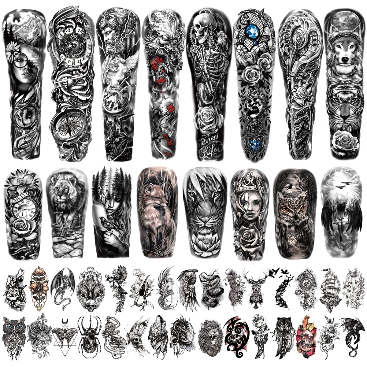 46 Full Arm Waterproof Temporary Tattoos For Men(L22.8?xW7?), Tiger Clock Flower Skeleton Animals Fake Tattoos for Adult Men and Women, Hand Forearm