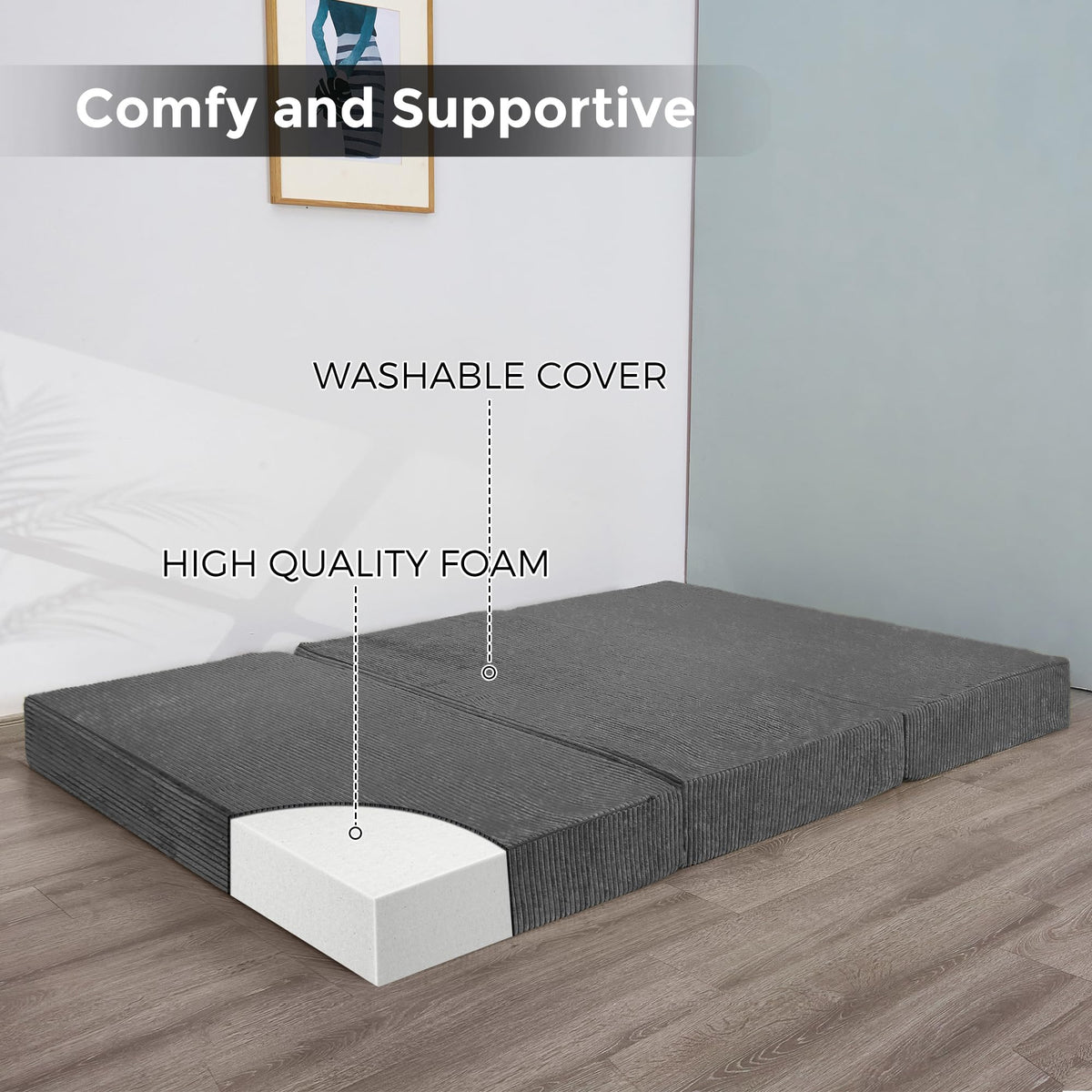 MAXYOYO Folding Corduroy Mattress, Tri Fold Floor Mattress 15cm thick with Washable Cover,Foldable in Three,Space-Saving for Guest (Charcoal, Double)