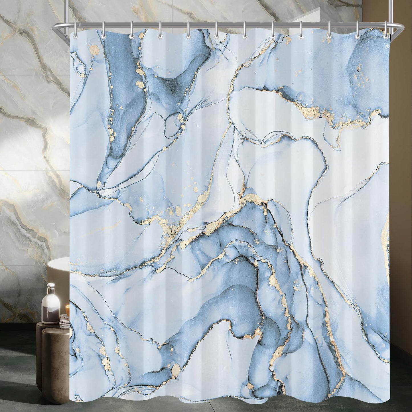 Lerores Shower Curtain, 180 x 200 cm, Aqua Blue, Weighted Hem, Anti-Mould Textile, Water-Repellent