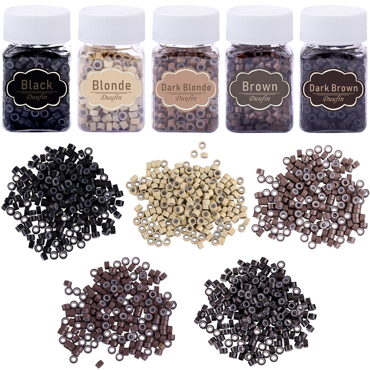 Duufin 2500 Pieces Hair Extensions Micro Links Rings Beads 5.0mm Silicone Lined Beads in 5 Colours for Women Men Hair Feather Extensions
