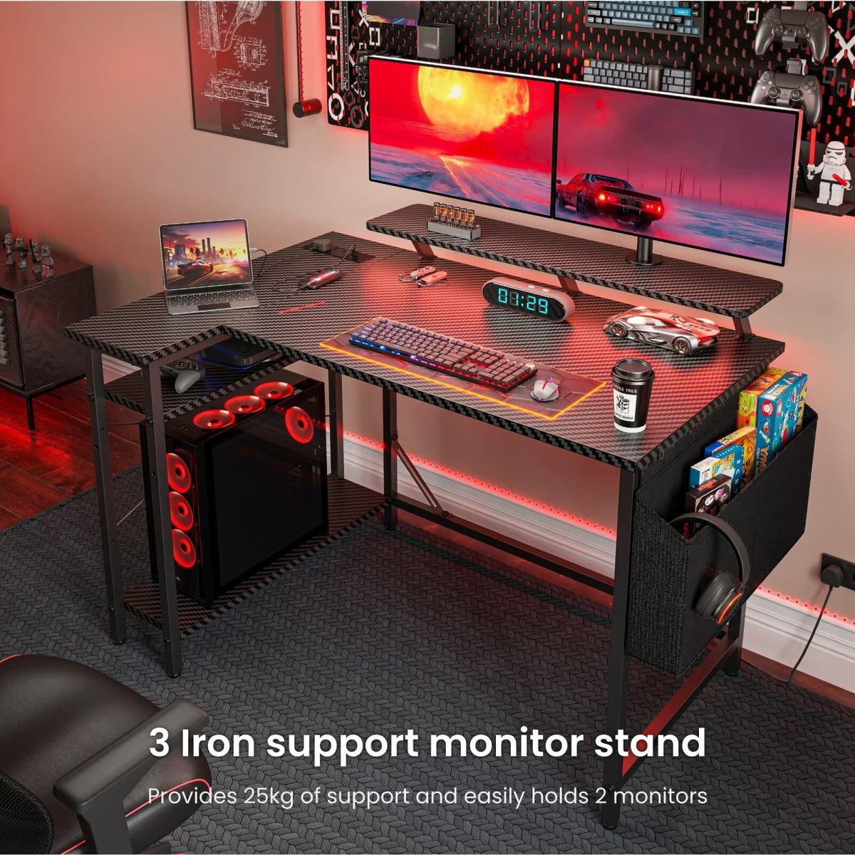 DOMSHOCT L Shaped Gaming Desk with LED Lights & Power Outlets, 100 * 80cm Small Corner Computer Table with Storage Bag