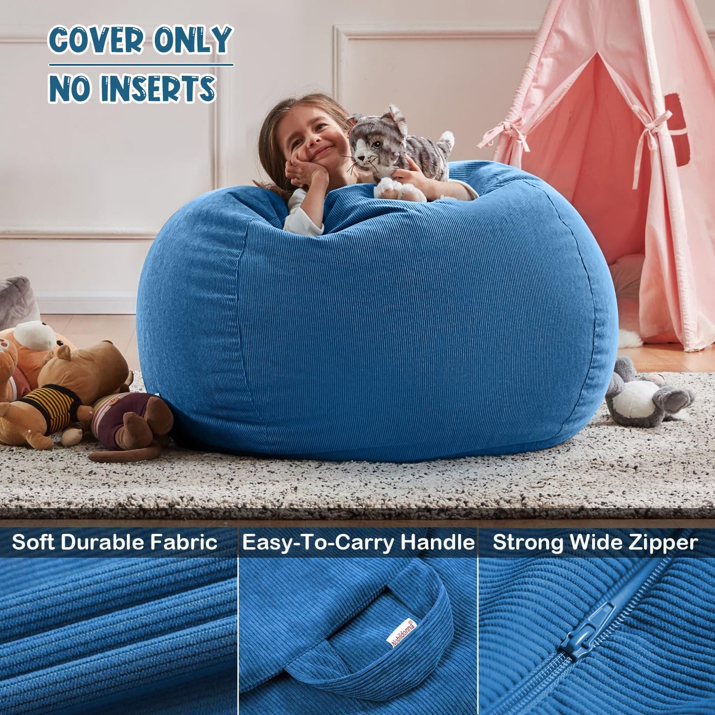 Nobildonna Bean Bag Chair Cover (No Filler) for Kids Beanbag Stuffed Animal Storage Without Filling Plush Toys Holder and Organizer Soft Premium