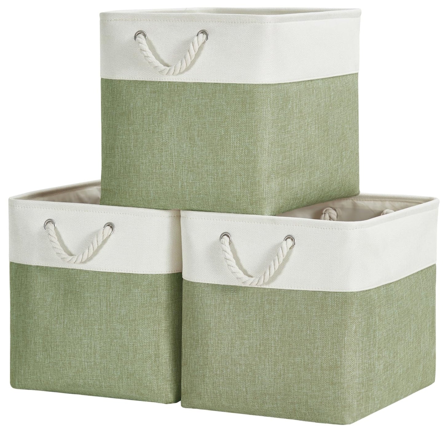 SOCOHOME Fabric Cube Storage Boxes,25x25x25cm Canvas Storage Baskets for Nursery Closet Toys Shelf(Green/White, Set of 3)