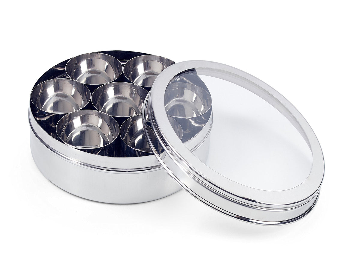 Zinel 7203 Stainless Steel Spice Box/Masala Dabba with 7 Comparments and Transparent Lid, 22cm, 22 cm , Silver