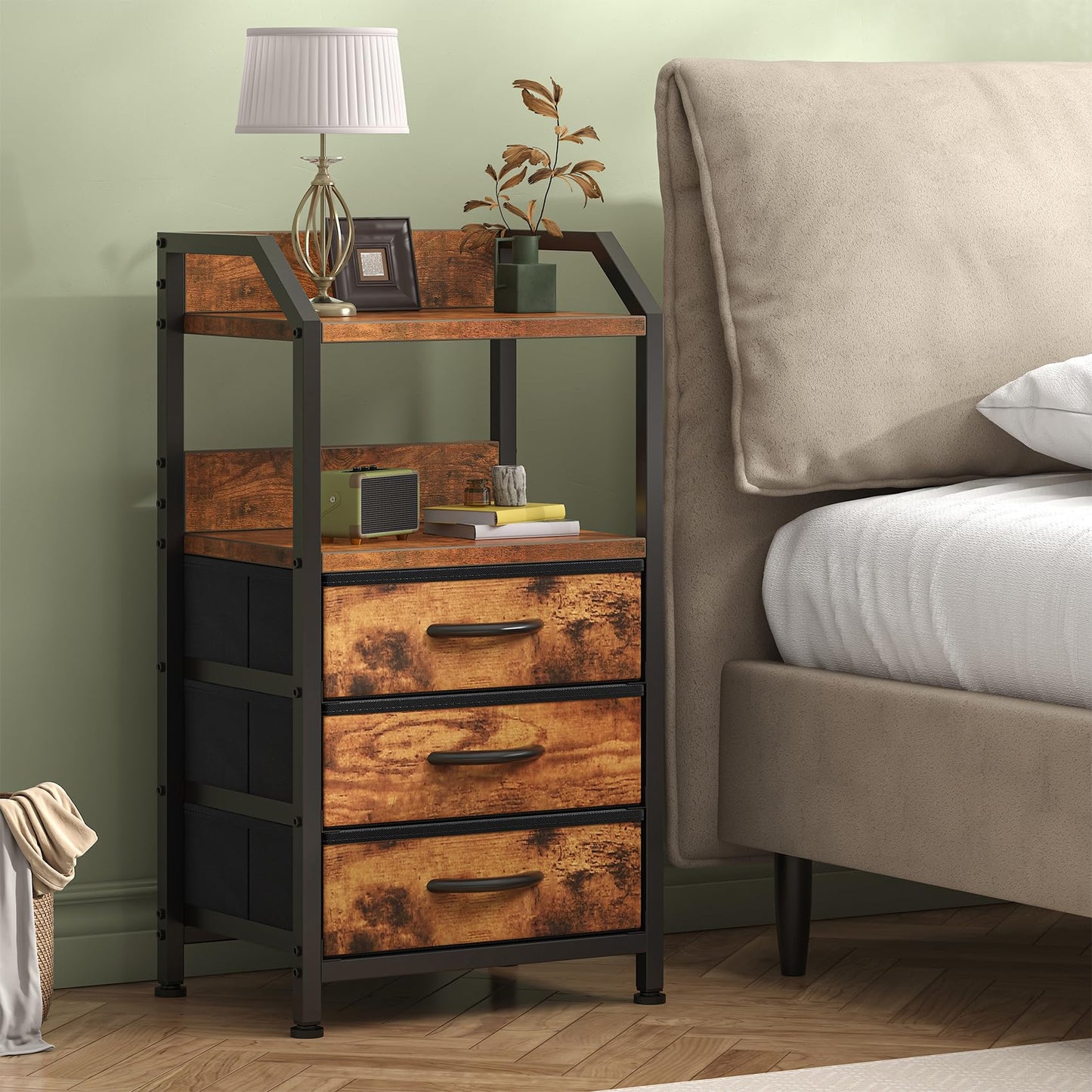 Feonase Bedside Table with 3 Fabric Drawers & Open Shelf, Nightstand for Bedroom, Living Room, Small Spaces – Metal Frame & Wooden Top