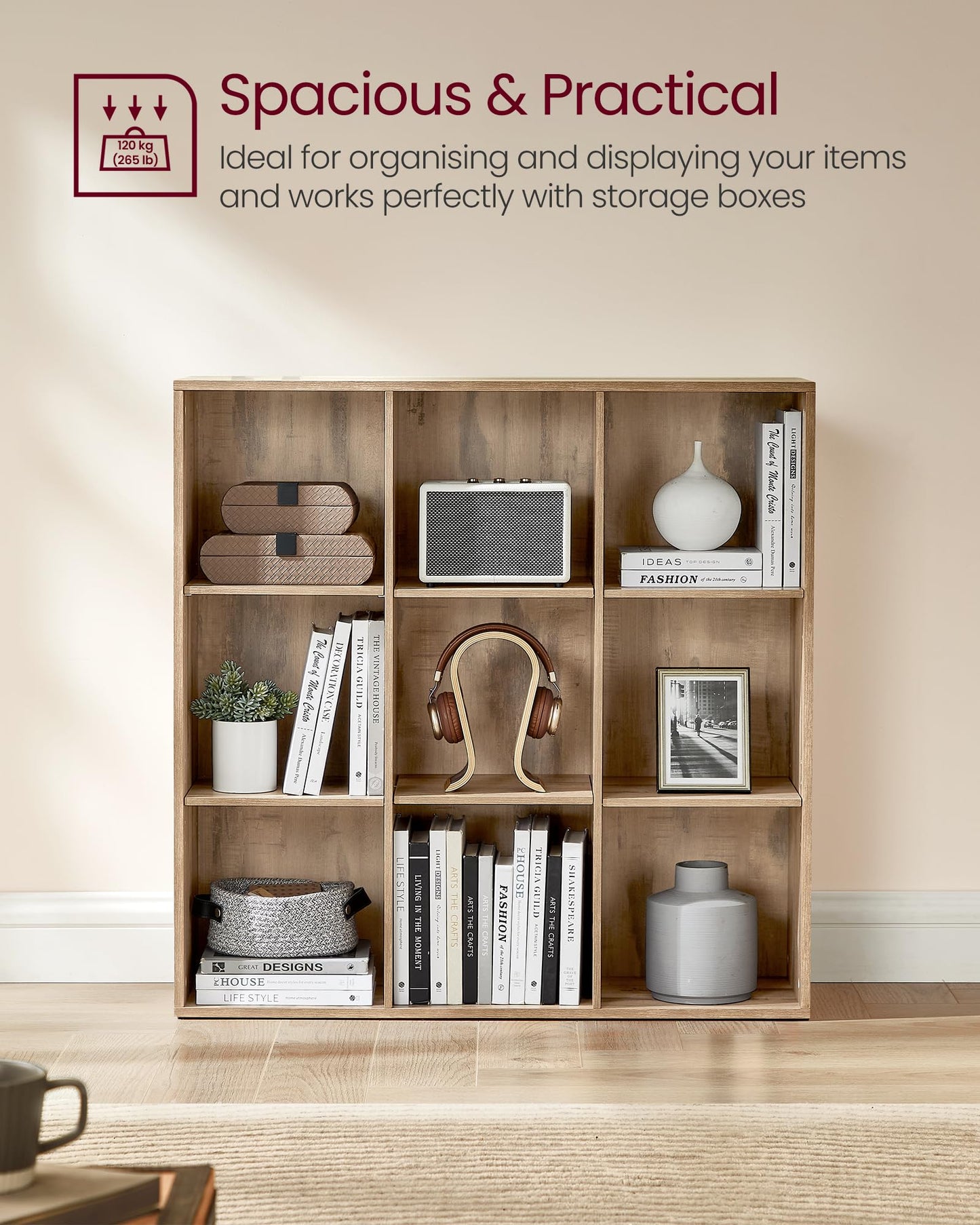 VASAGLE Bookcase, Bookshelf, Storage Shelf with 9 Compartments, Standing Shelf, Cube Shelf, for Living Room, Home Office, Dinning Room, Camel Brown