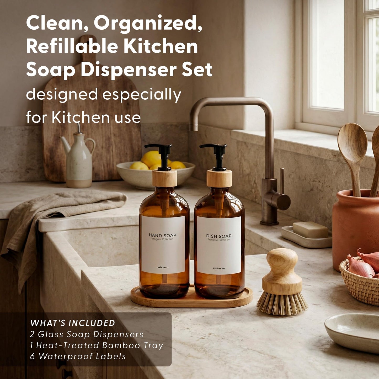 MaisoNovo Hand and Dish Soap Dispenser Kitchen Set of 2-500 ml Amber Glass Soap Dispenser Bottle with Pump Black Bamboo x 2