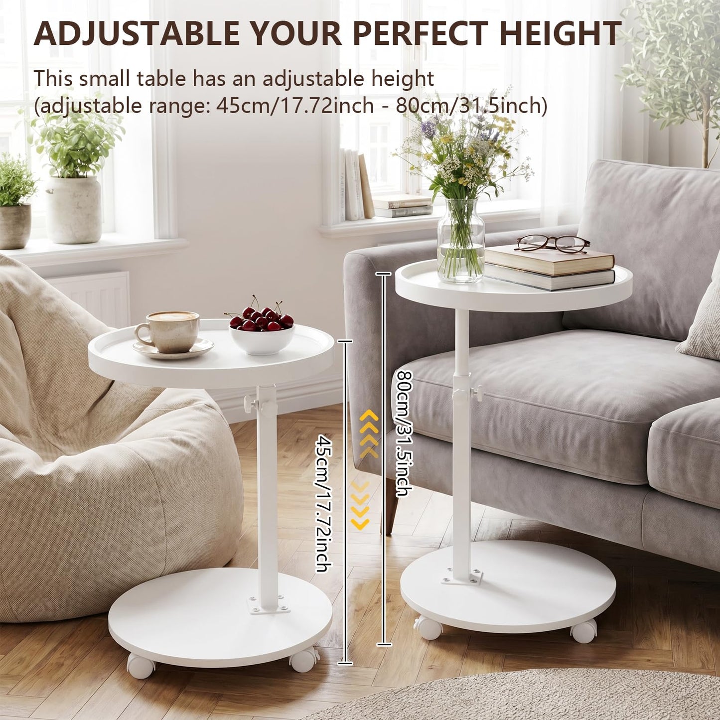 OUAYEMEL Side Table Adjustable Height, 360°Swivel End/Bedside Tables with Wheels for Sofa Bedroom Office Living Room, Coffee Tables for Small Spaces