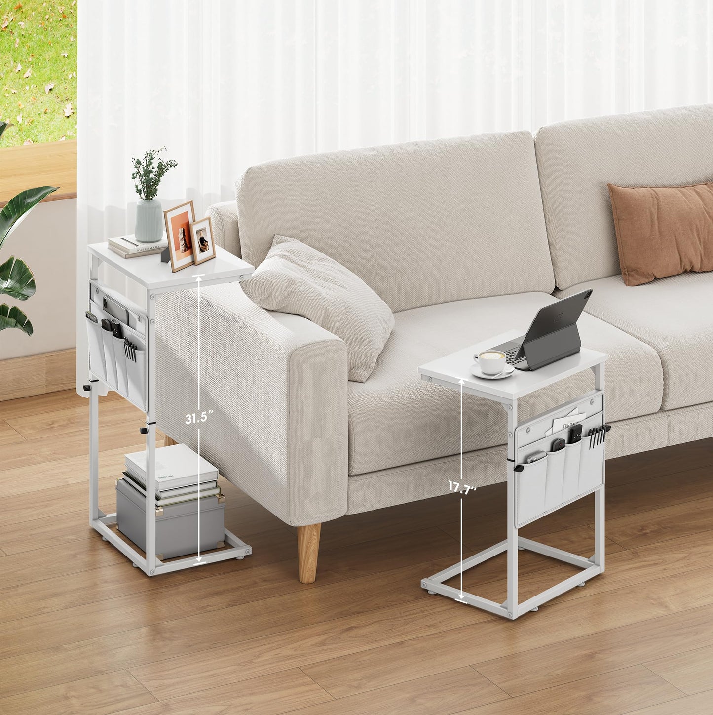 Vagusicc C-Shaped Side Table, Height Adjustable Sofa Side Table, Bedside Table with Cloth Storage Bag, C Table, End Table for Small Spaces