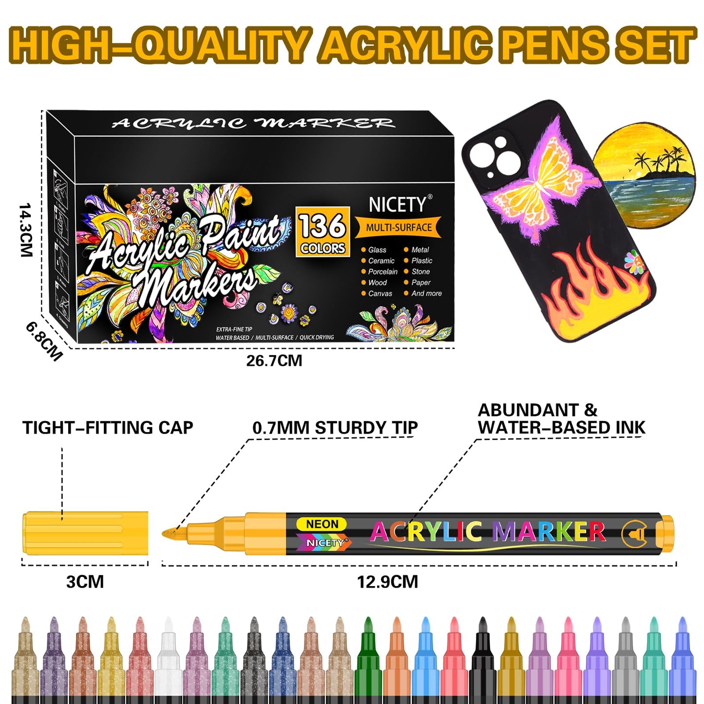 NICETY 136 Colours Acrylic Paint Pens Set - Paint Markers for Rock Painting Stone Glass Ceramic Wood Metal Fabric - 0.7mm Extra Fine Tip Water Based