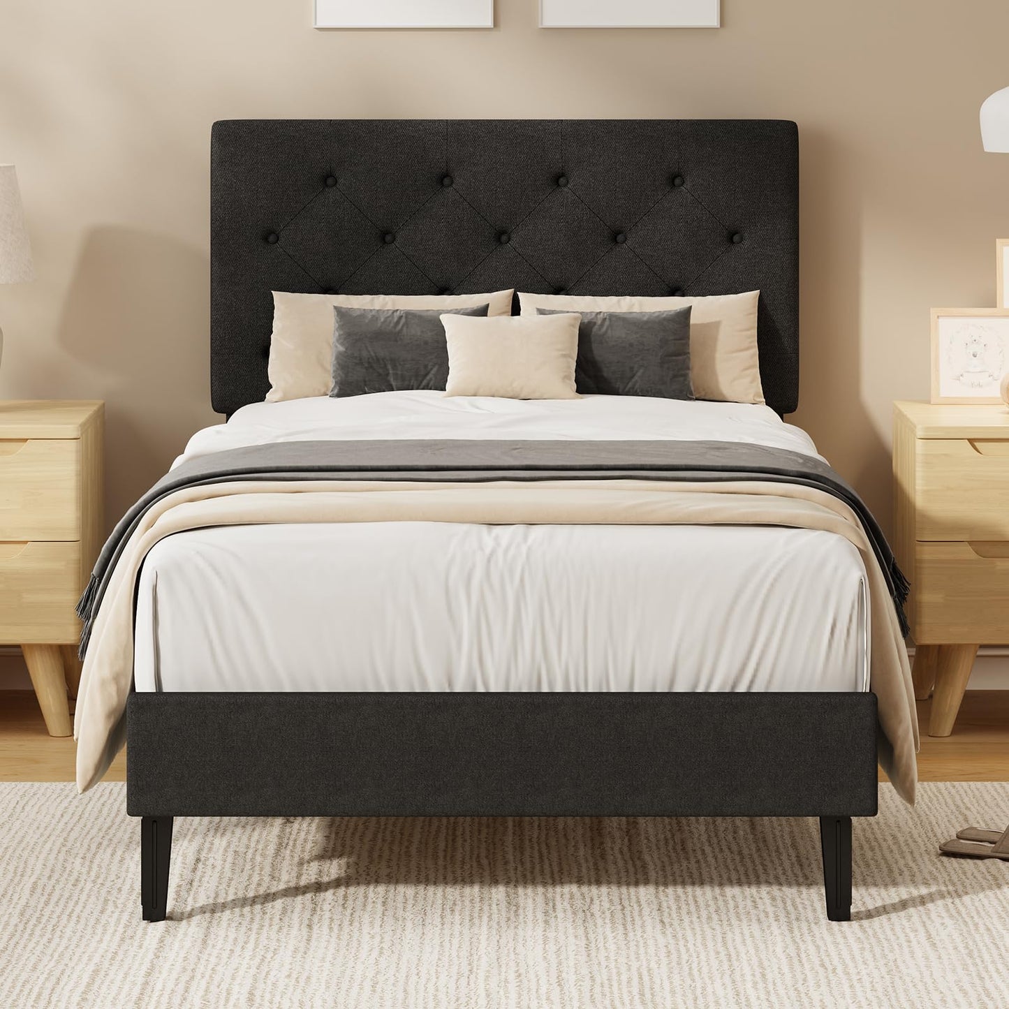 HOMBCK Single Bed Frame, 90 x 190 cm, with Adjustable Upholstered Headboard, Heavy Duty 256kg Weight Capacity, Easy Assembly, No Box Spring Needed