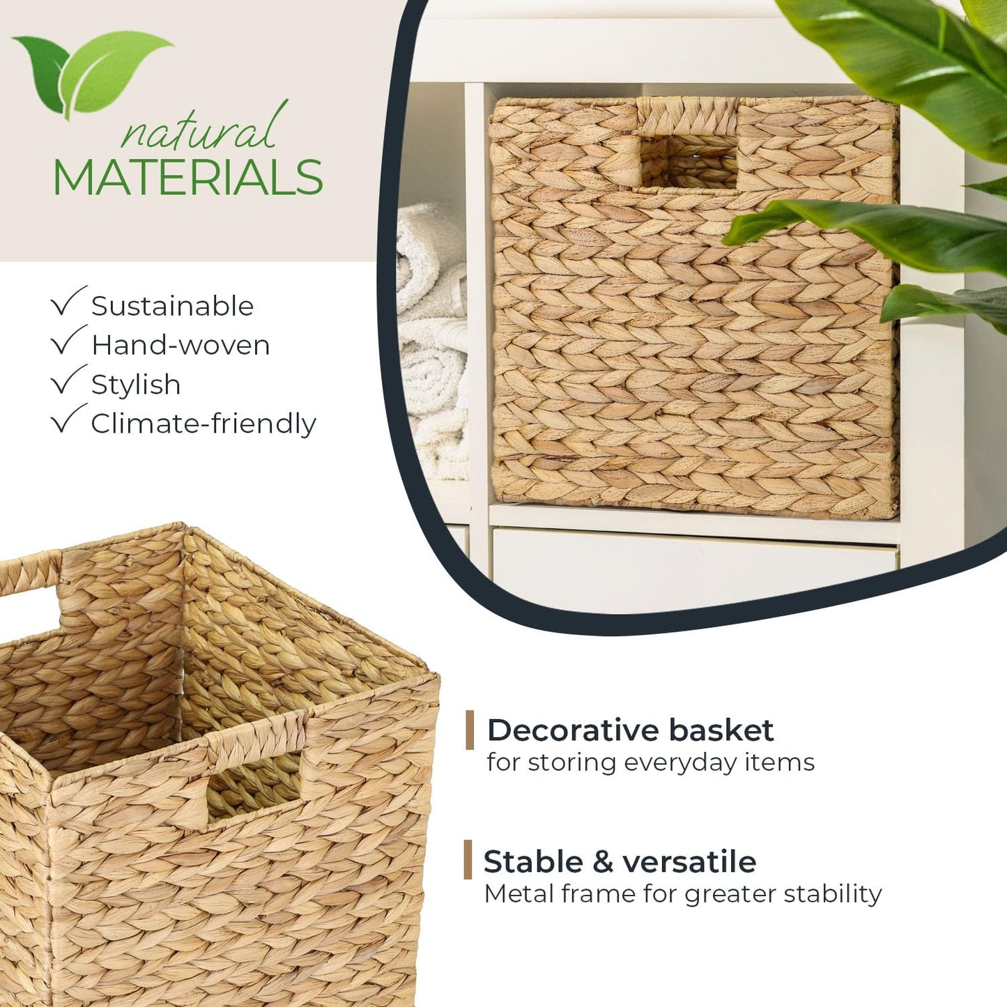 HMF Storage Basket Suitable for KALLAX Shelving Unit, Woven Water Hyacinth Basket with Handles | 32 x 34,5 x 32 cm | Nature