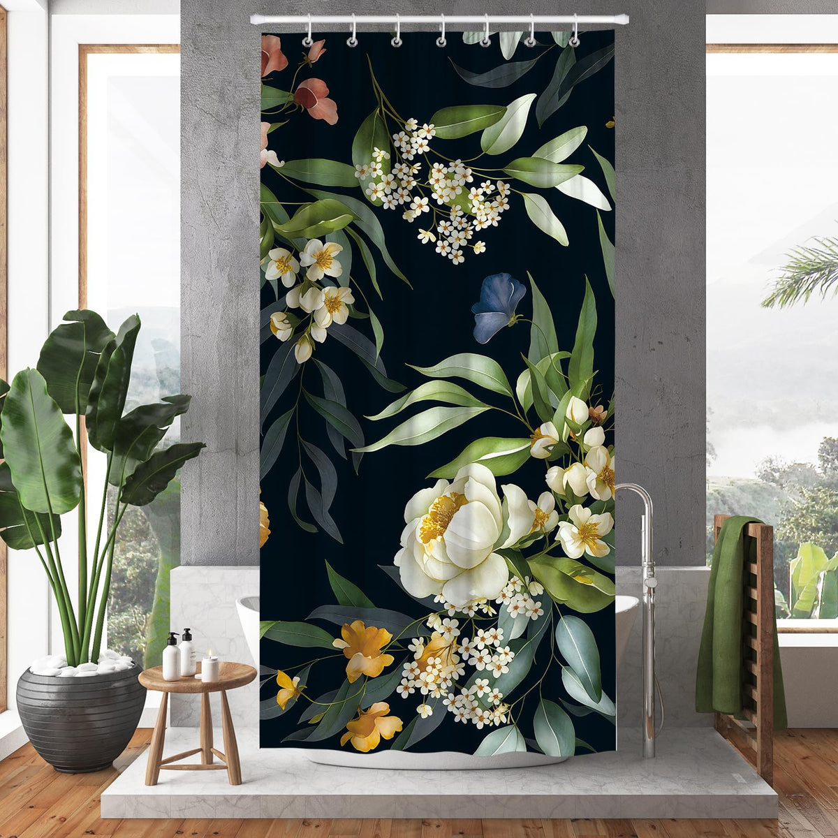 Hopomoon Boho Black Floral Shower Curtain,Colorful Cute Flowers Waterproof Polyester Fabric Bathroom Curtain with 12 Plastic Hooks,180 x 90 cm