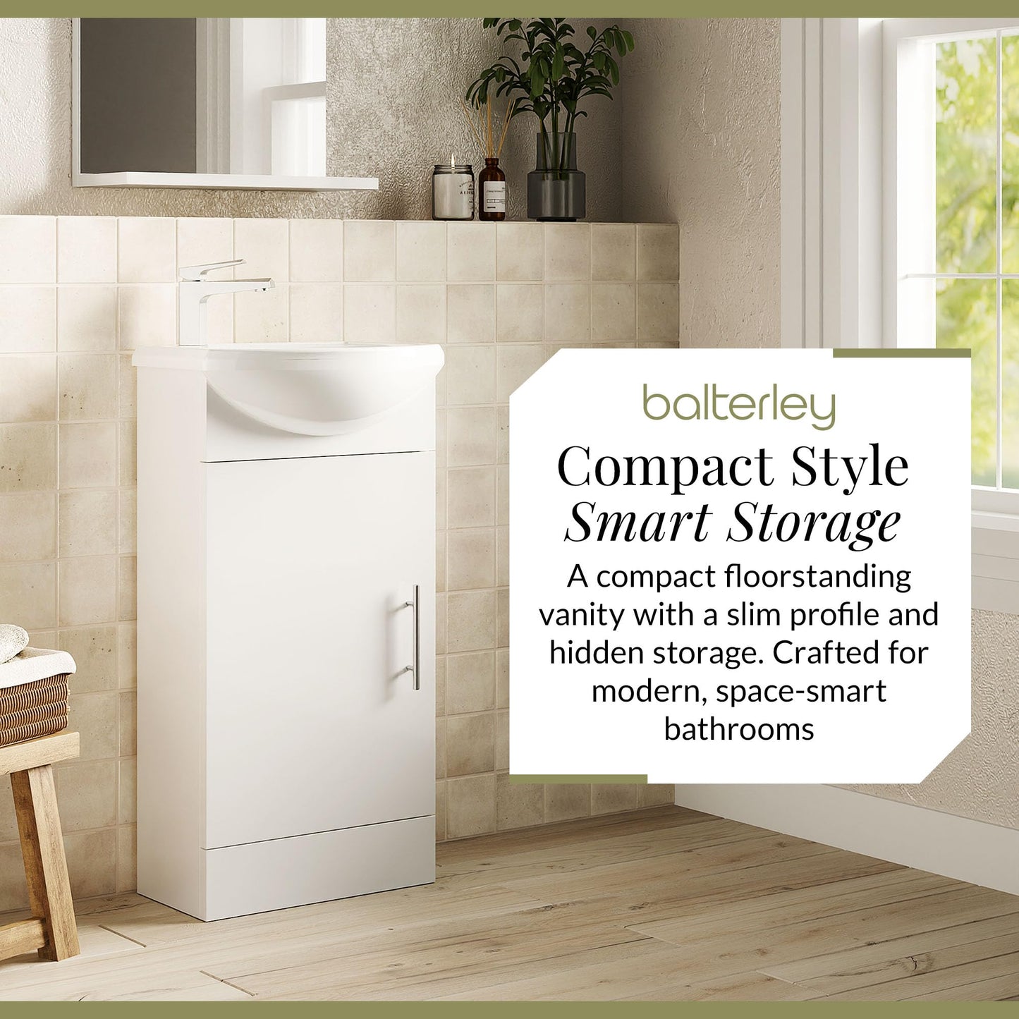 Balterley Vanity Unit with Basin Floor Standing, Soft Close Single Door with Curve Sink and Handle, Bathroom Vanity Units with Basin