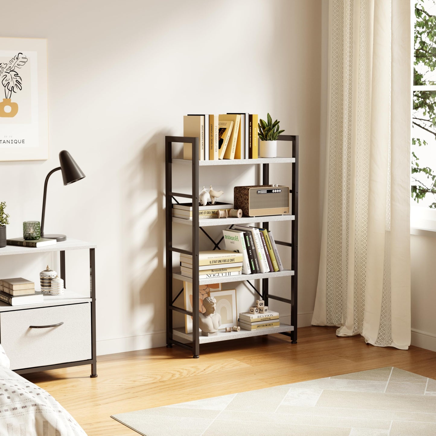 VERMESS Industrial Bookshelf, 4-Tier 24inch White Shelving Unit Wood Bookcase with Open Shelves, Rustic Standing Bookshelves Metal Frame Display Rack
