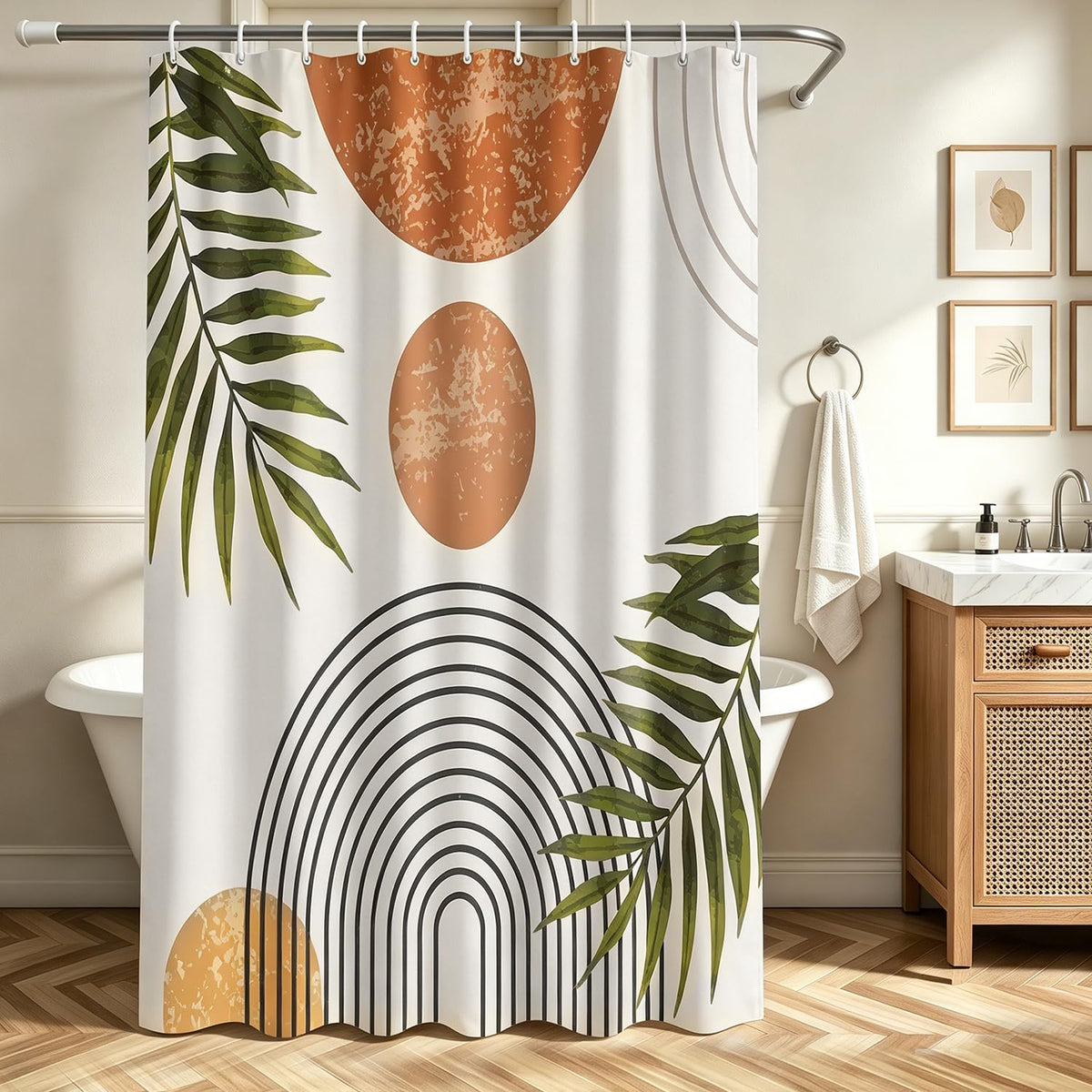 Lerores Shower Curtain 100 x 200 cm Leaves Line, Weighted Hem, Anti-Mould Textile, Water-Repellent