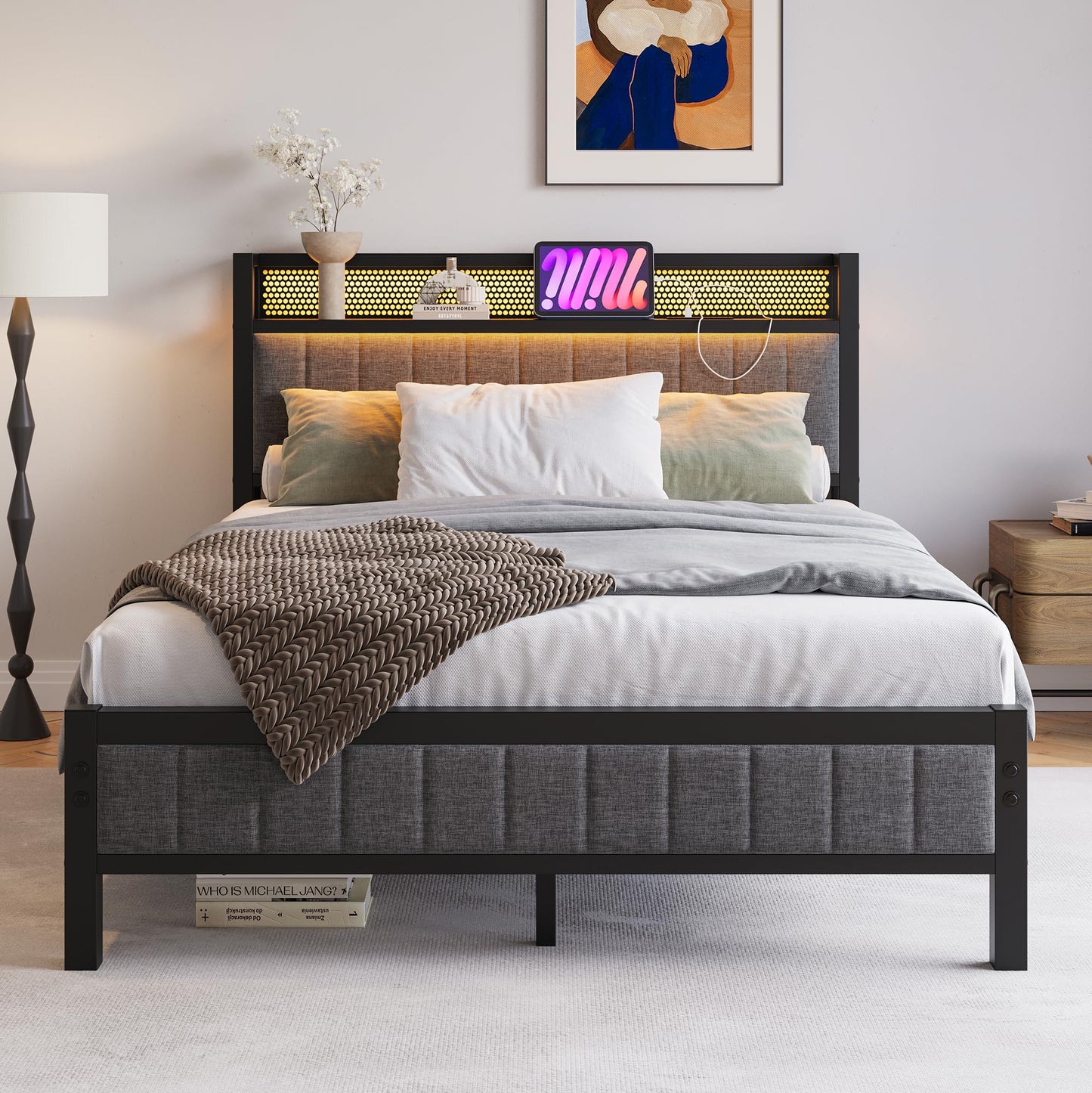 BORPHOM Double Bed Frame with Wooden Storage Headboard,Charging Station,LED Lights,Metal Platform Upholstered Bed Frame Double Bed with Strong Metal