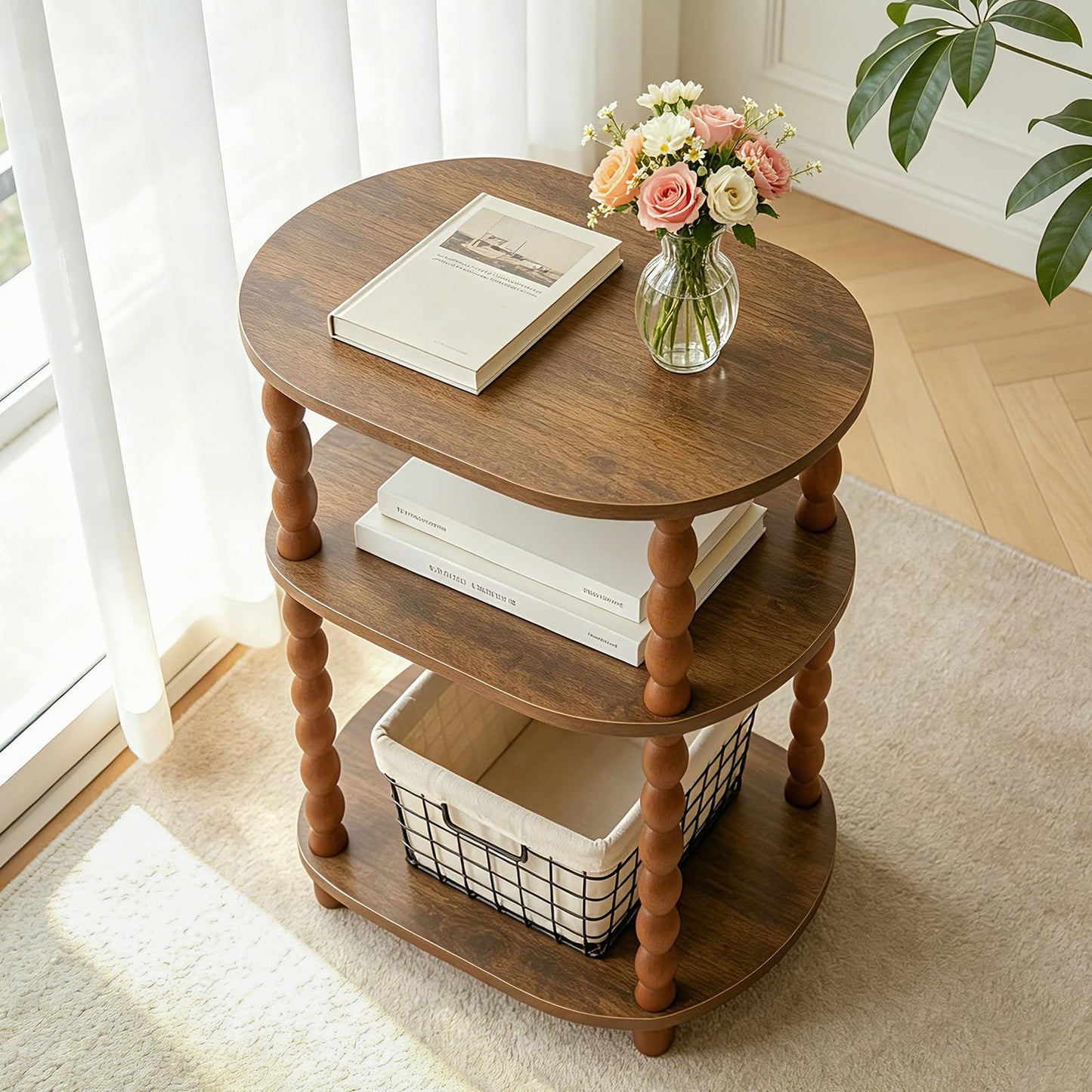Wooden Side Table,3-Tier Small End Table with Storage Shelf, Vintage Retro furniture Bedside Coffee oval Table Night Stand for Living Room, Bedroom