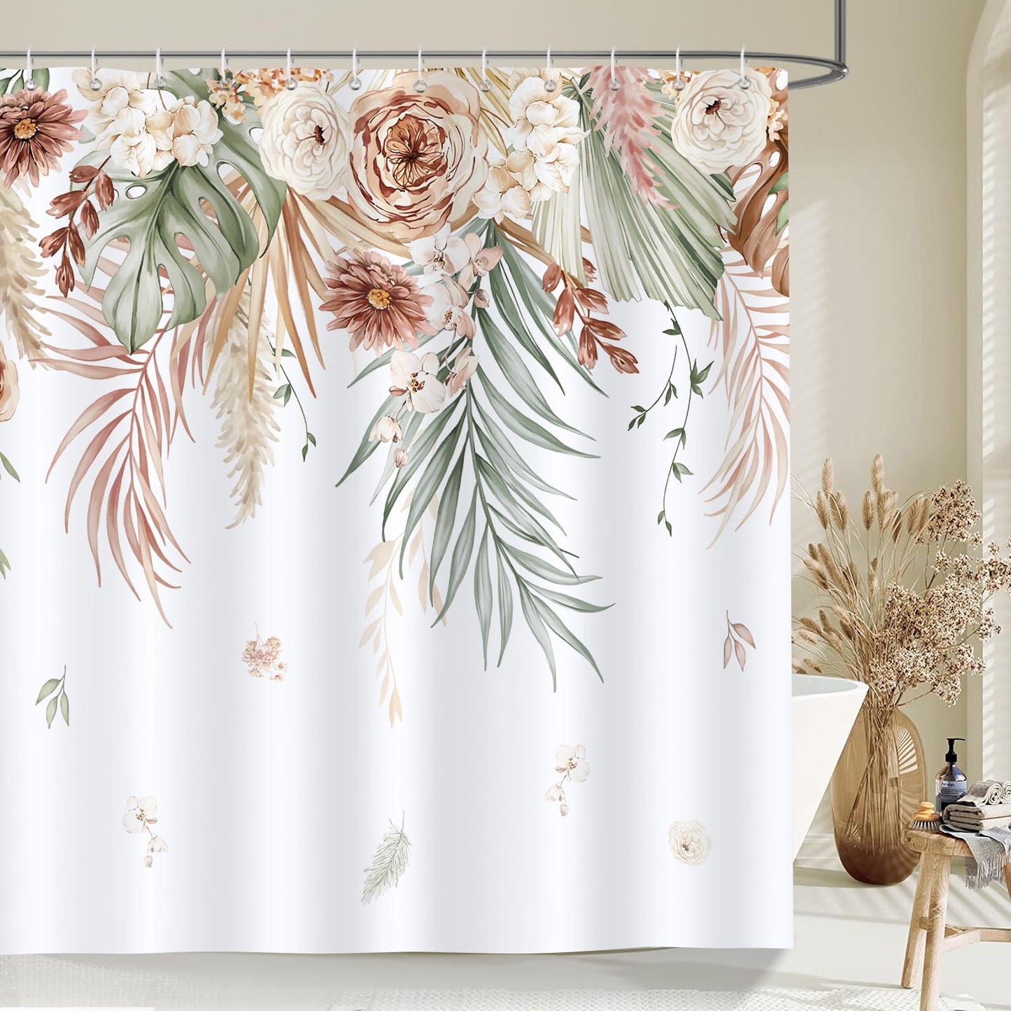 Bonhause Boho Tan Leaves Flowers Shower Curtain Brown Tropical Palm Leaf Floral Bathroom Curtain 180 x 180 cm Waterproof Mildew & Mould Resistant