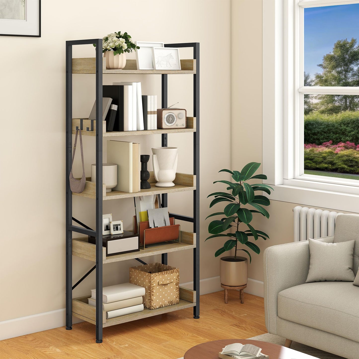 YITAHOME Bookcase 5-Tier, Tall Narrow Bookcase Thin Book Shelf Wooden Shelves Wooden Shelf With Stable Steel Frame