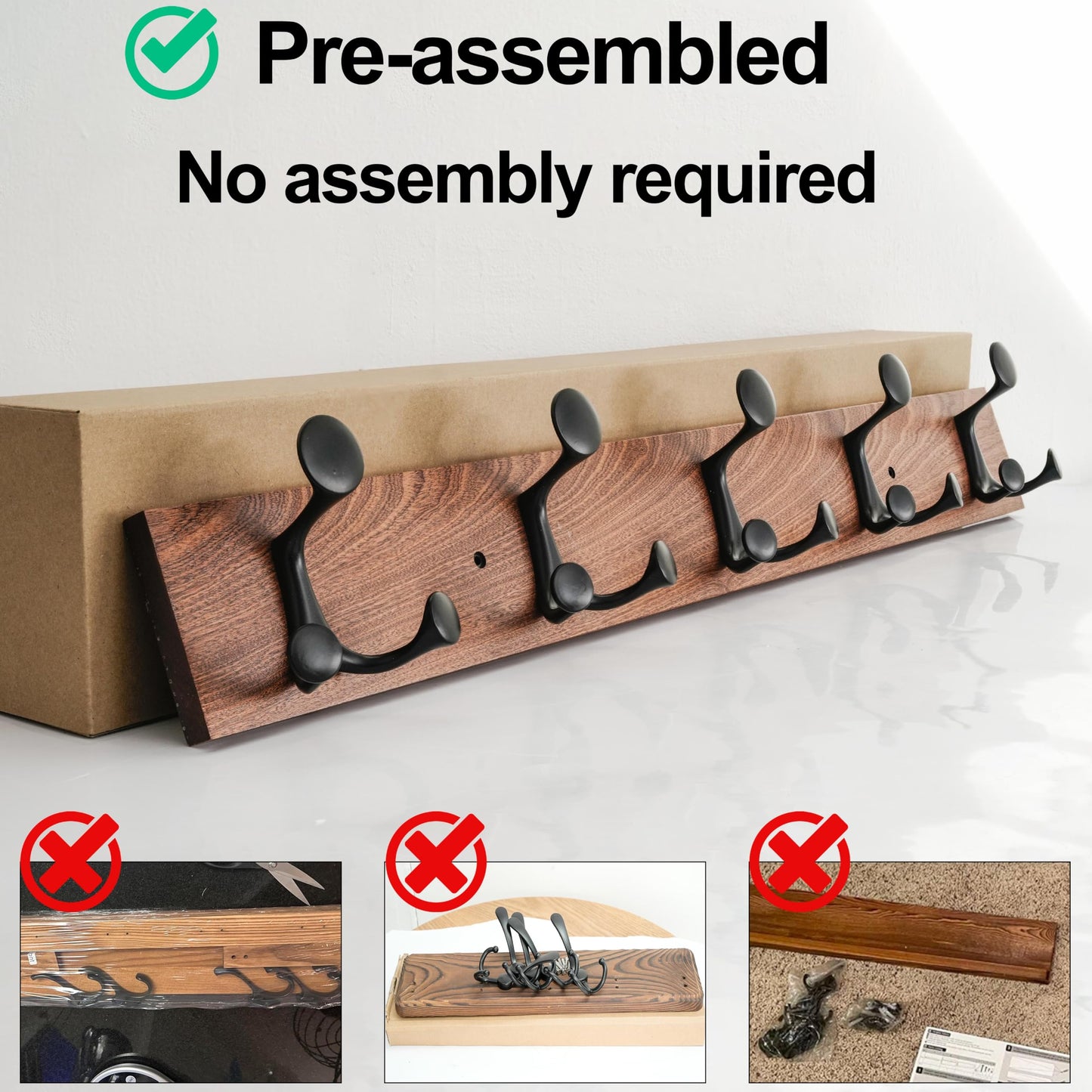 HONSKY Wall Mounted Coat Rack, 76cm Solid Sapele Wood Backboard,5 Black Sturdy Aluminium Alloy Triple Hooks(15 Hanging Points)