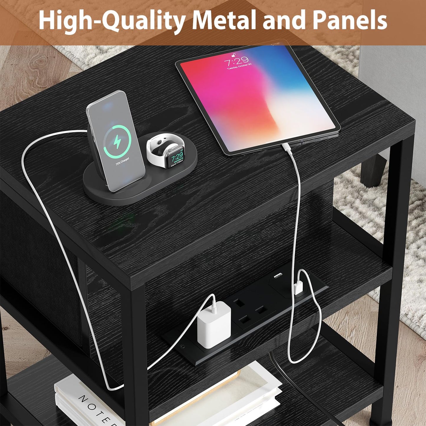 Feonase Slim Side Table with Charging Station, Narrow Bedside Table with Fabric Drawer & Storage, End Table for Living Room Bedroom Small Space