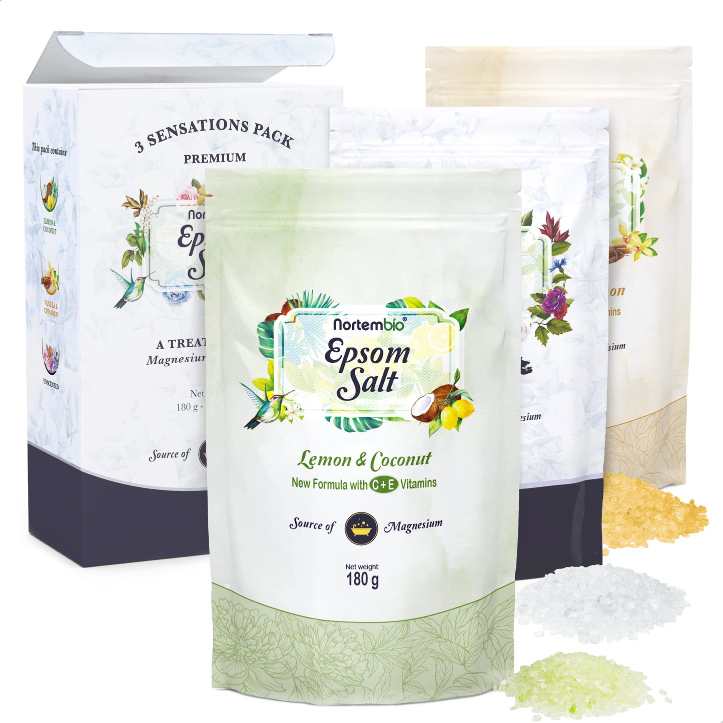 Nortembio Epsom Salt Gift Pack Lemon, Vanilla Fragrances + Pure 3 x 180g | Natural Magnesium with Vitamins C & E | Relaxing Baths, Spa, Hydration +