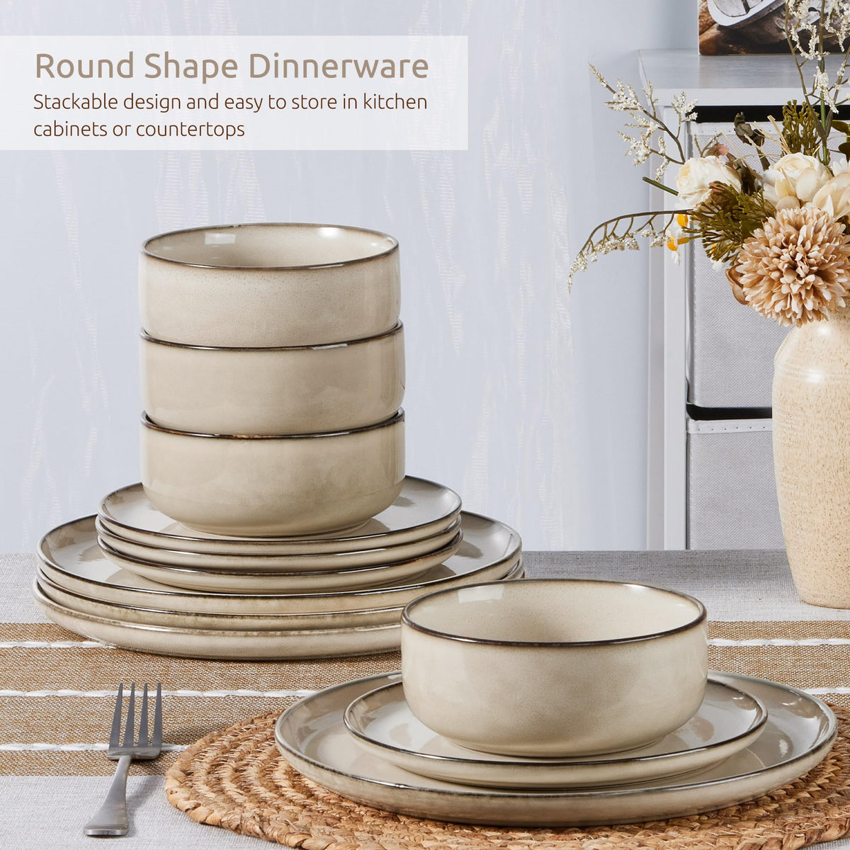 Homikit 12 Piece Dinner Set, Reactive Glaze Kitchen Dinnerware Sets for 4, Elegant Stoneware Included Plates and Bowls, Non-Scratch & Sturdy,