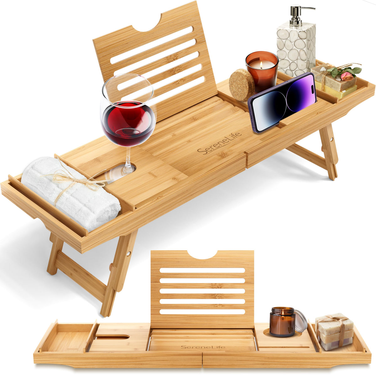 SereneLife Bath Caddy Breakfast Food Tray Table Combo, Extendable Waterproof Natural Bamboo Wood Tub and Bed Tray Rack w/Folding Slide-Out Arms,