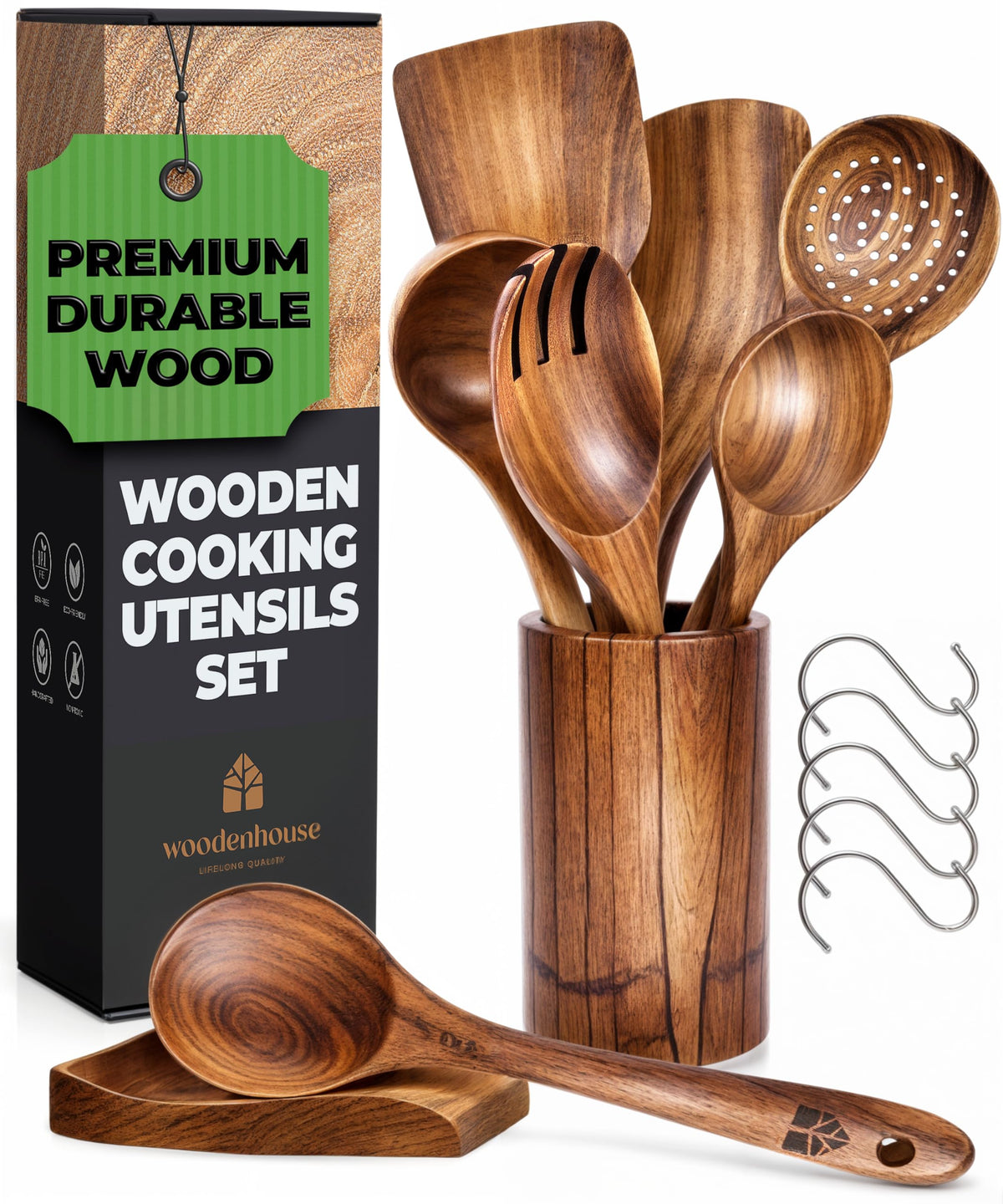 Wooden Spoons for Cooking  Wooden Utensils for Cooking Set with Holder, Spoon Rest & Hanging Hooks, Teak Wood Nonstick Kitchen Cookware  Durable Set