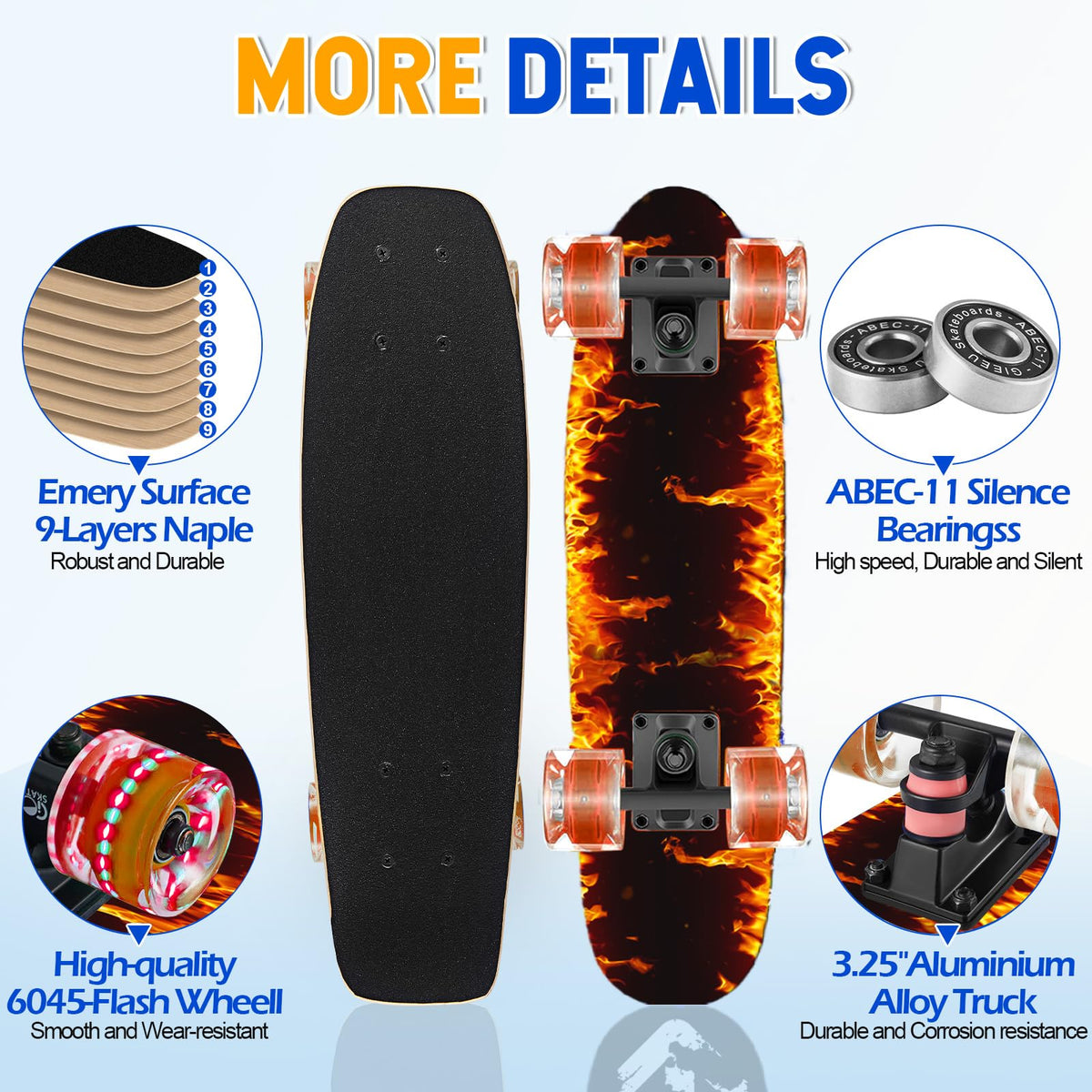 GIEEU Skateboards with Colorful Flashing Wheels for Beginners,Kids,Teens,Adults, Complete Standard Skate Boards 9 Layer Canadian Maple Deck Concave