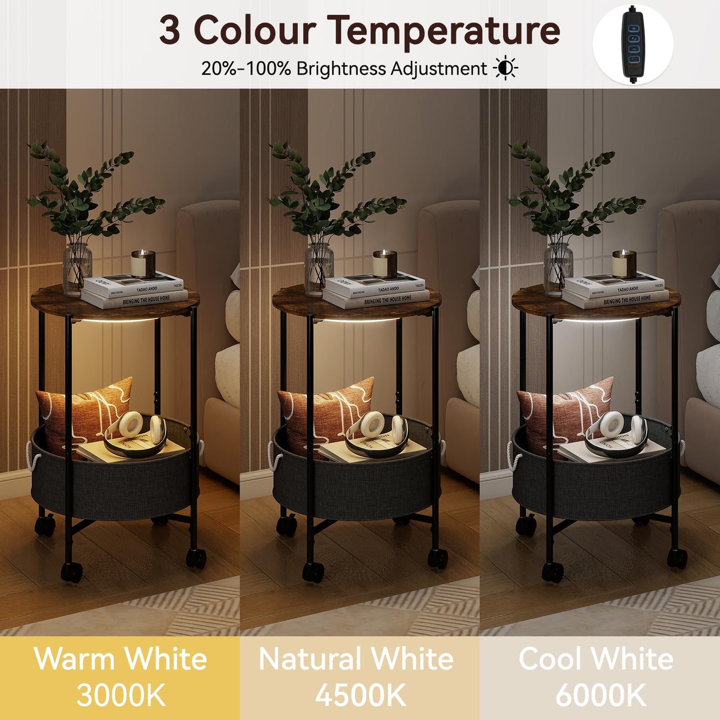 ARTETHYS Side Table, Small Side Coffee Tables for Living Room, End Table with LED Lights, Wheels, Storage Basket, Bedside Sofa Tables for Bedroom