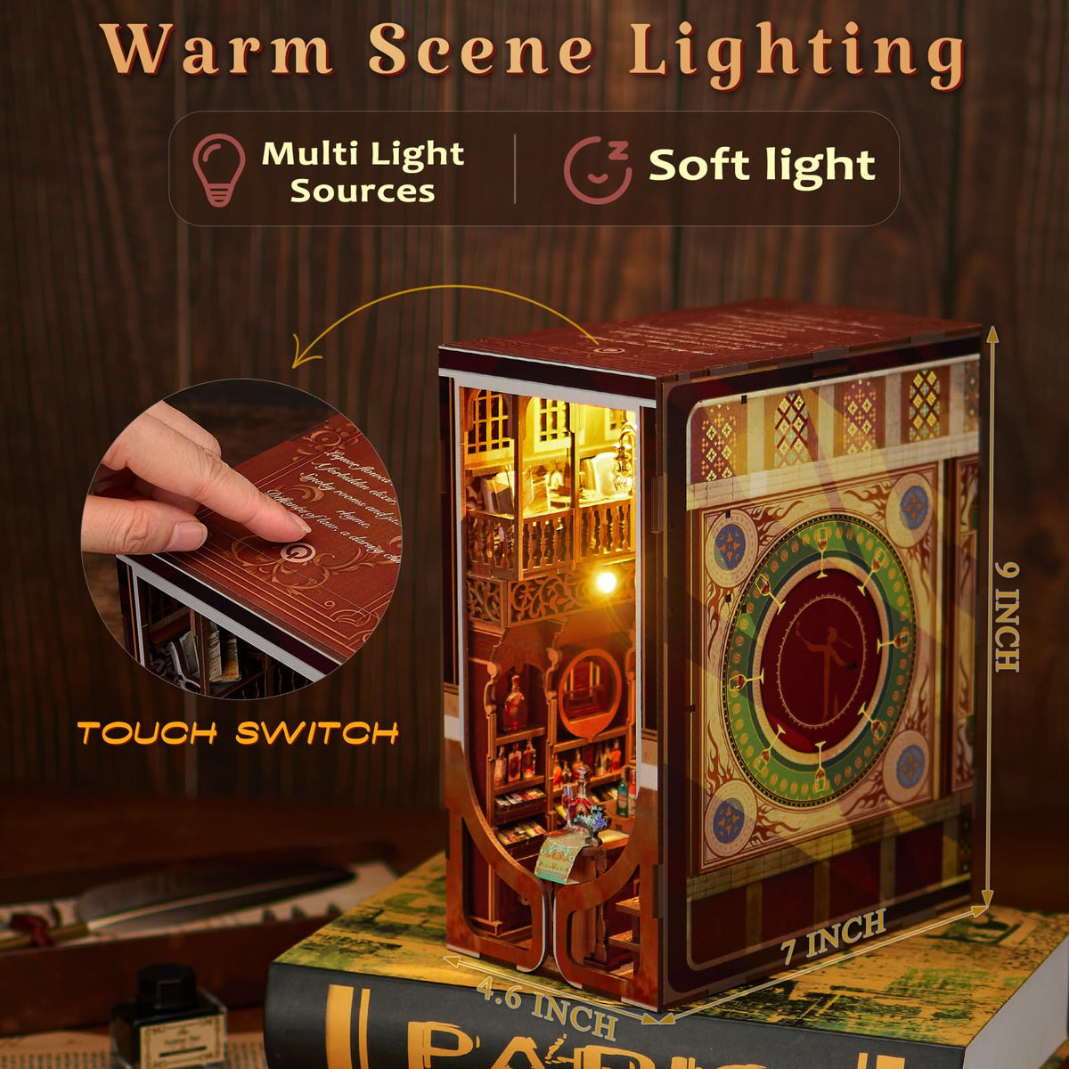 Book Nook Kit, DIY Miniature Dollhouse Booknook Kit, 3D Wooden Puzzle Bookend Bookshelf Insert Decor with LED Light for Teens and Adults (Roaring