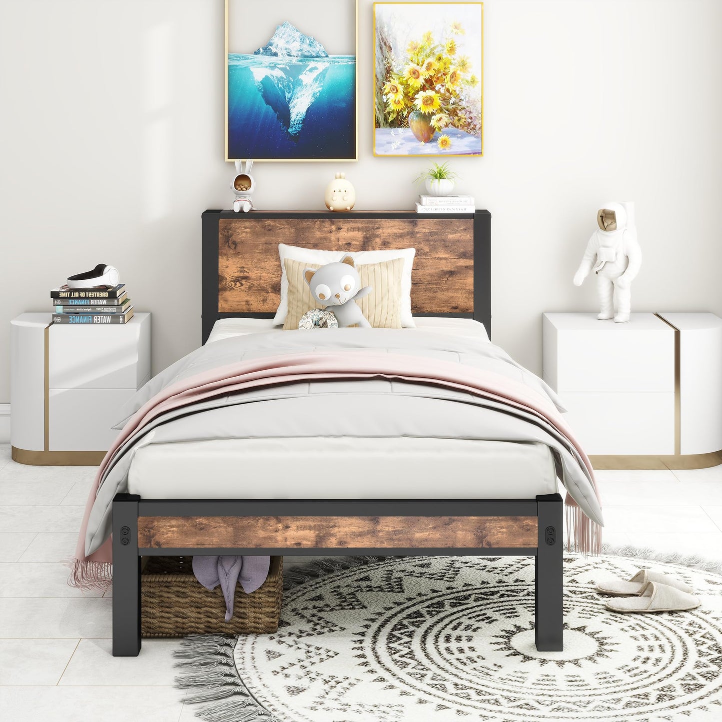 Diahomy Single Bed Frame with Wood Storage Headboard, Metal Platform Bed Single/Mattress Base/Underbed Storage/No Box Spring Needed/Brown